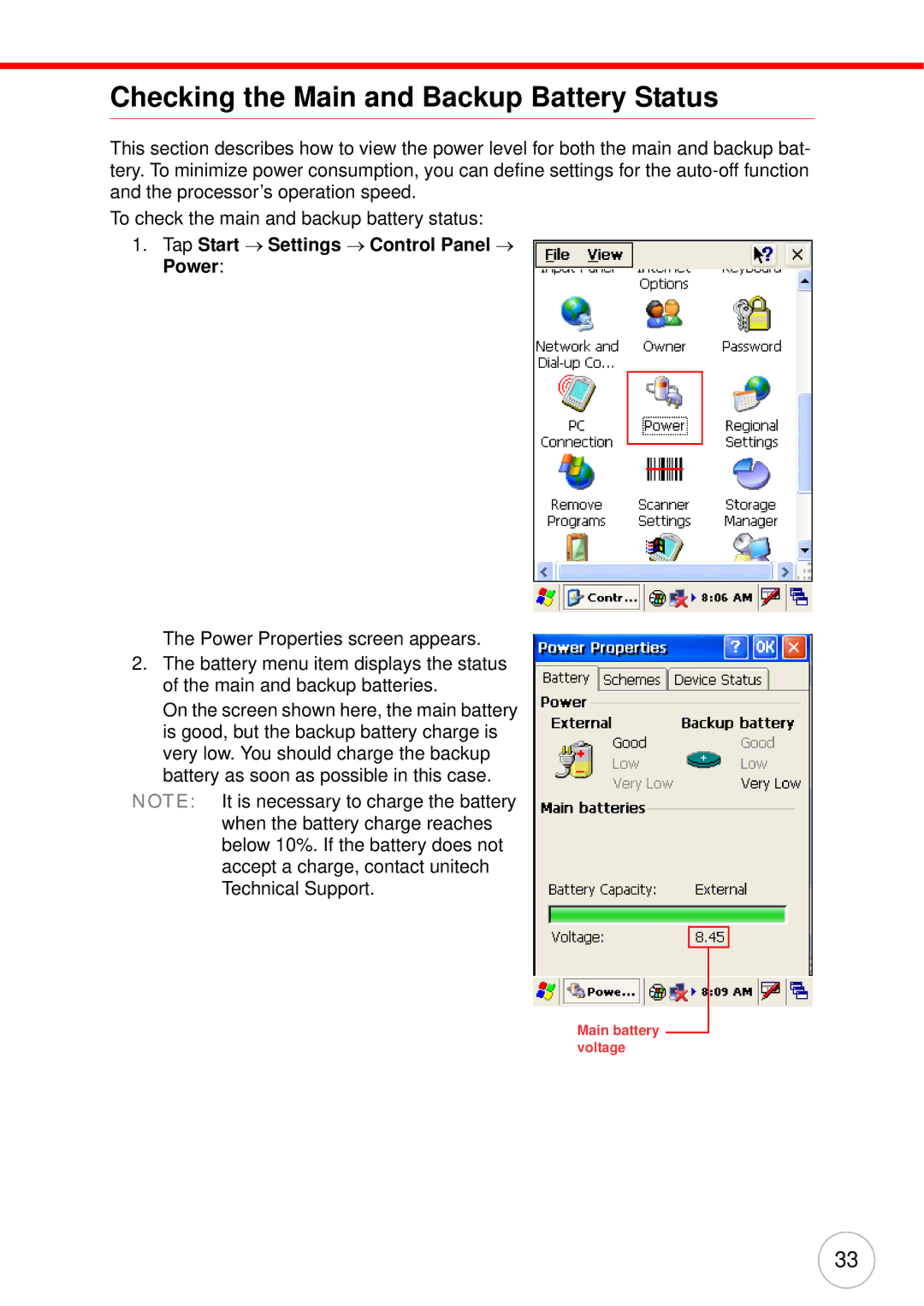 Unitech PA982 user manual Checking the Main and Backup Battery Status, Tap Start → Settings → Control Panel → Power 