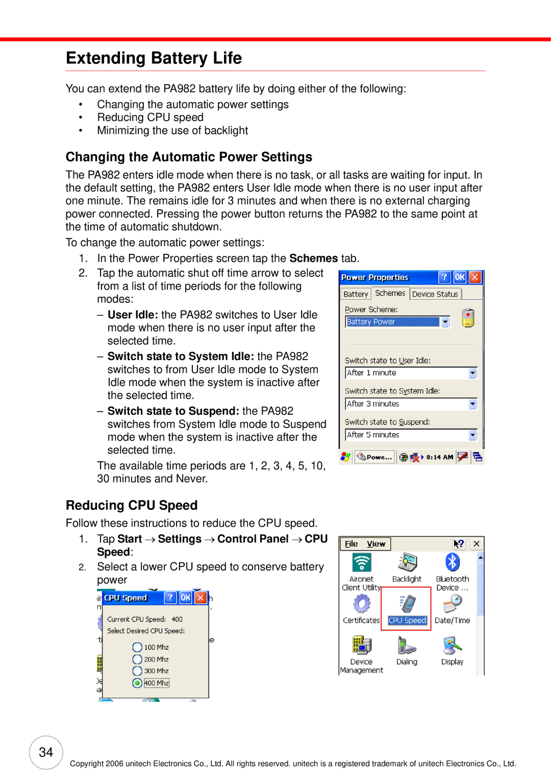 Unitech PA982 user manual Extending Battery Life, Changing the Automatic Power Settings, Reducing CPU Speed 