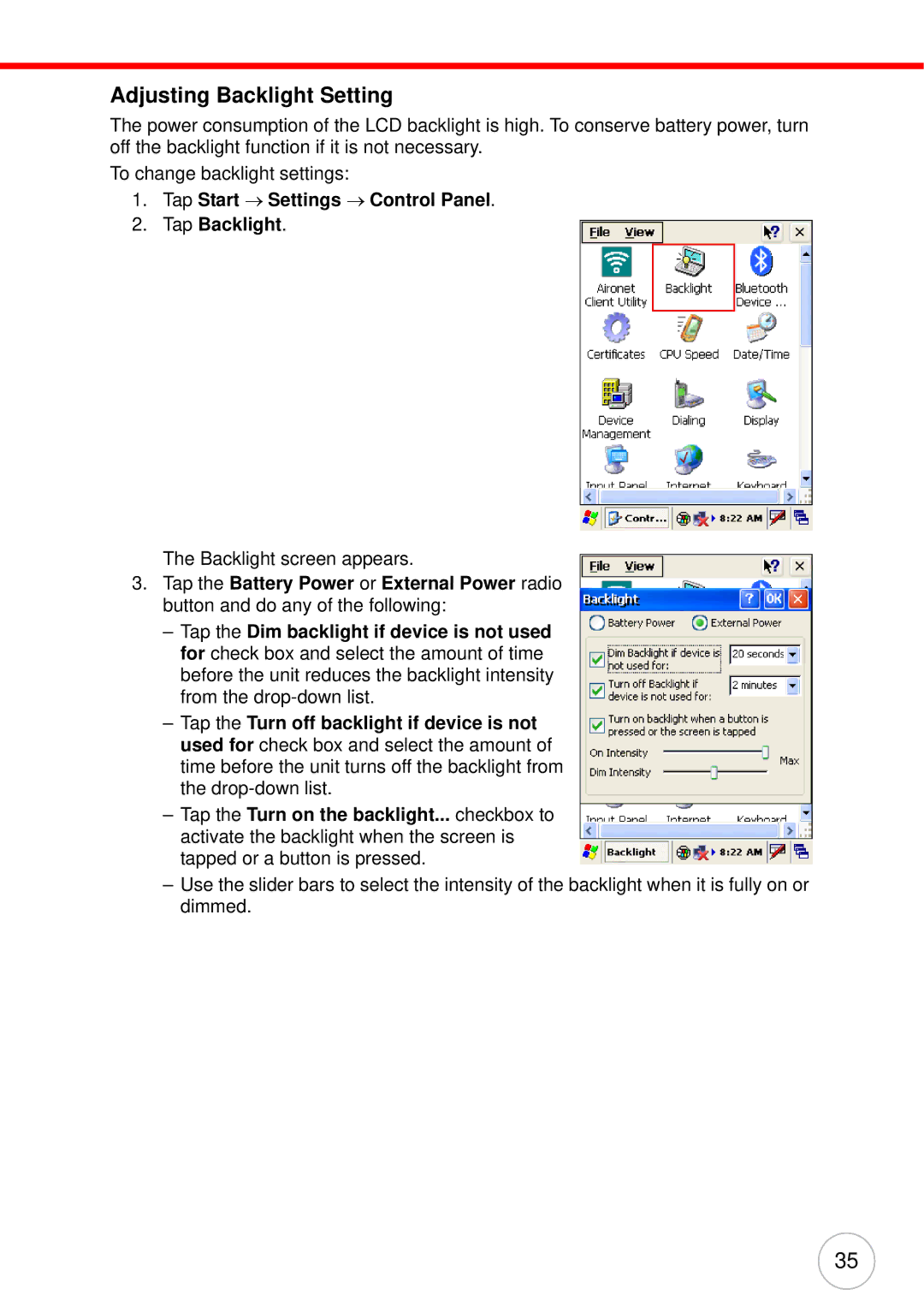 Unitech PA982 user manual Adjusting Backlight Setting, Tap Start → Settings → Control Panel Tap Backlight 