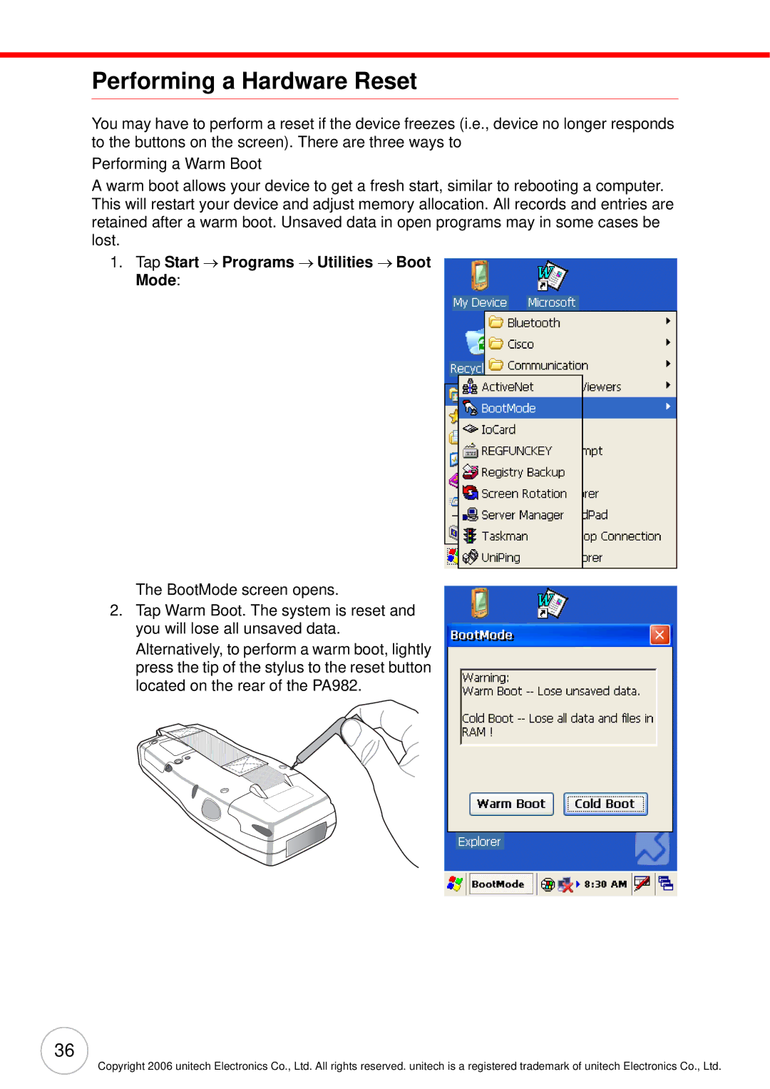 Unitech PA982 user manual Performing a Hardware Reset, Tap Start → Programs → Utilities → Boot Mode 