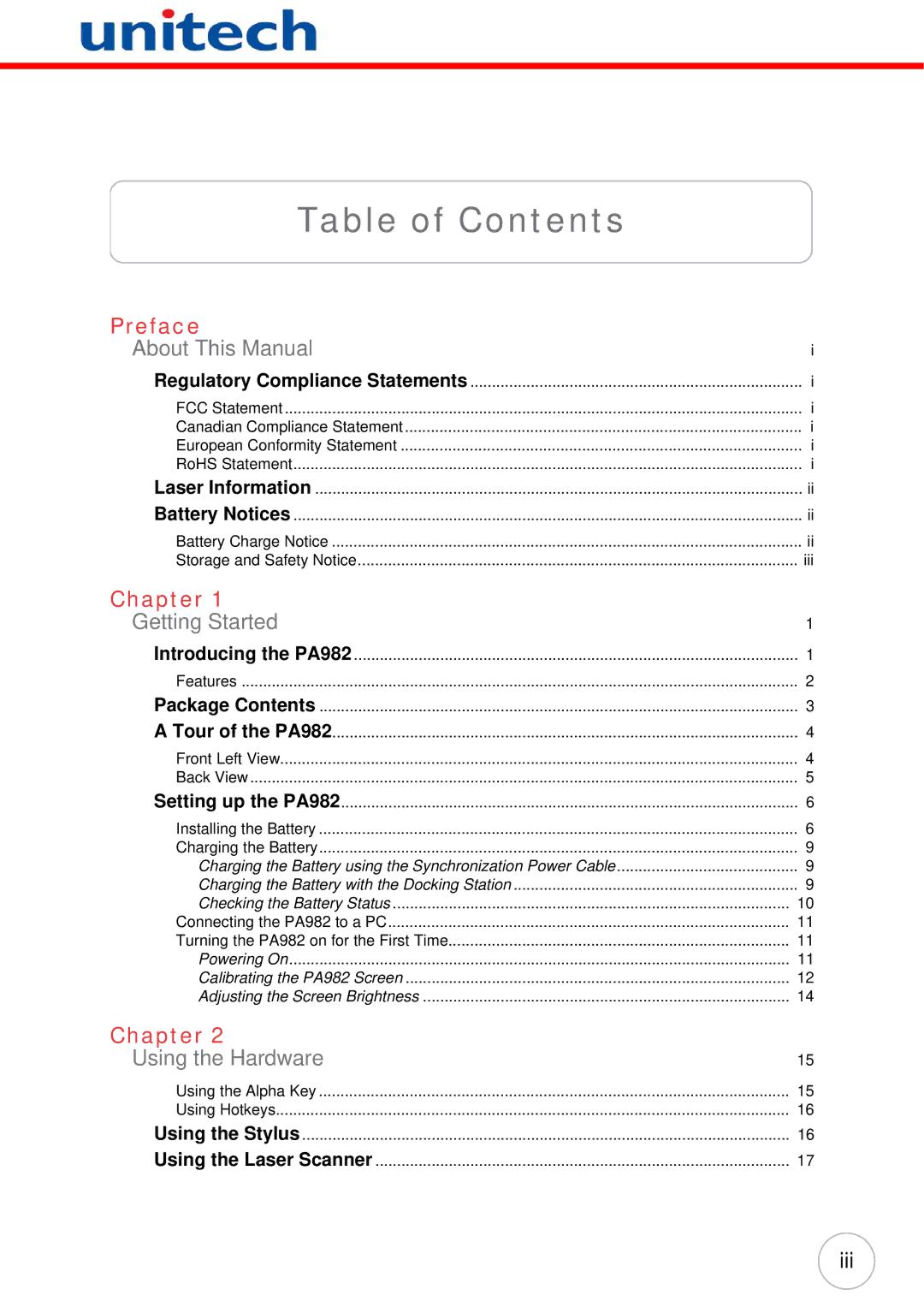 Unitech PA982 user manual Table of Contents 