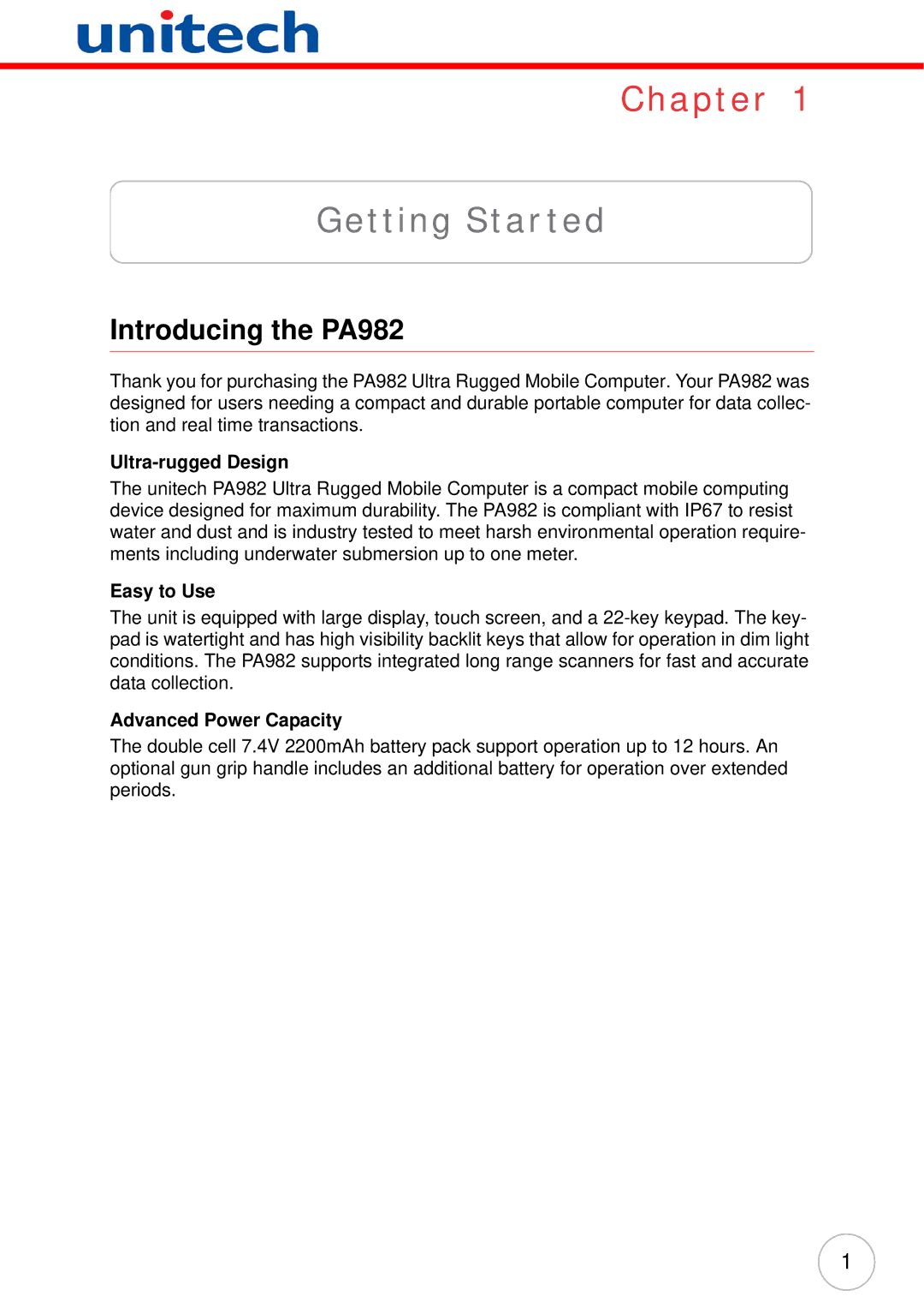 Unitech user manual Getting Started, Introducing the PA982, Ultra-rugged Design, Easy to Use, Advanced Power Capacity 