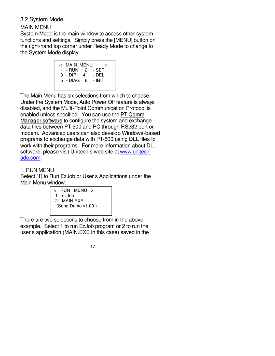 Unitech PT-500 manual System Mode, RUN Menu 