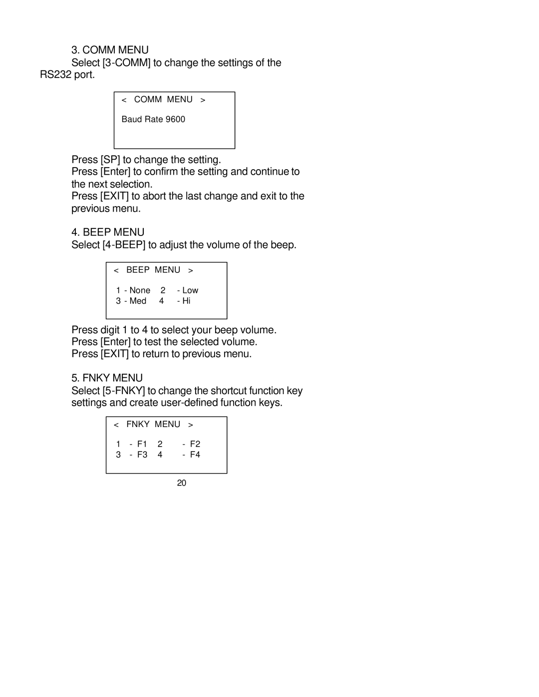 Unitech PT-500 manual Comm Menu, Beep Menu, Fnky Menu 