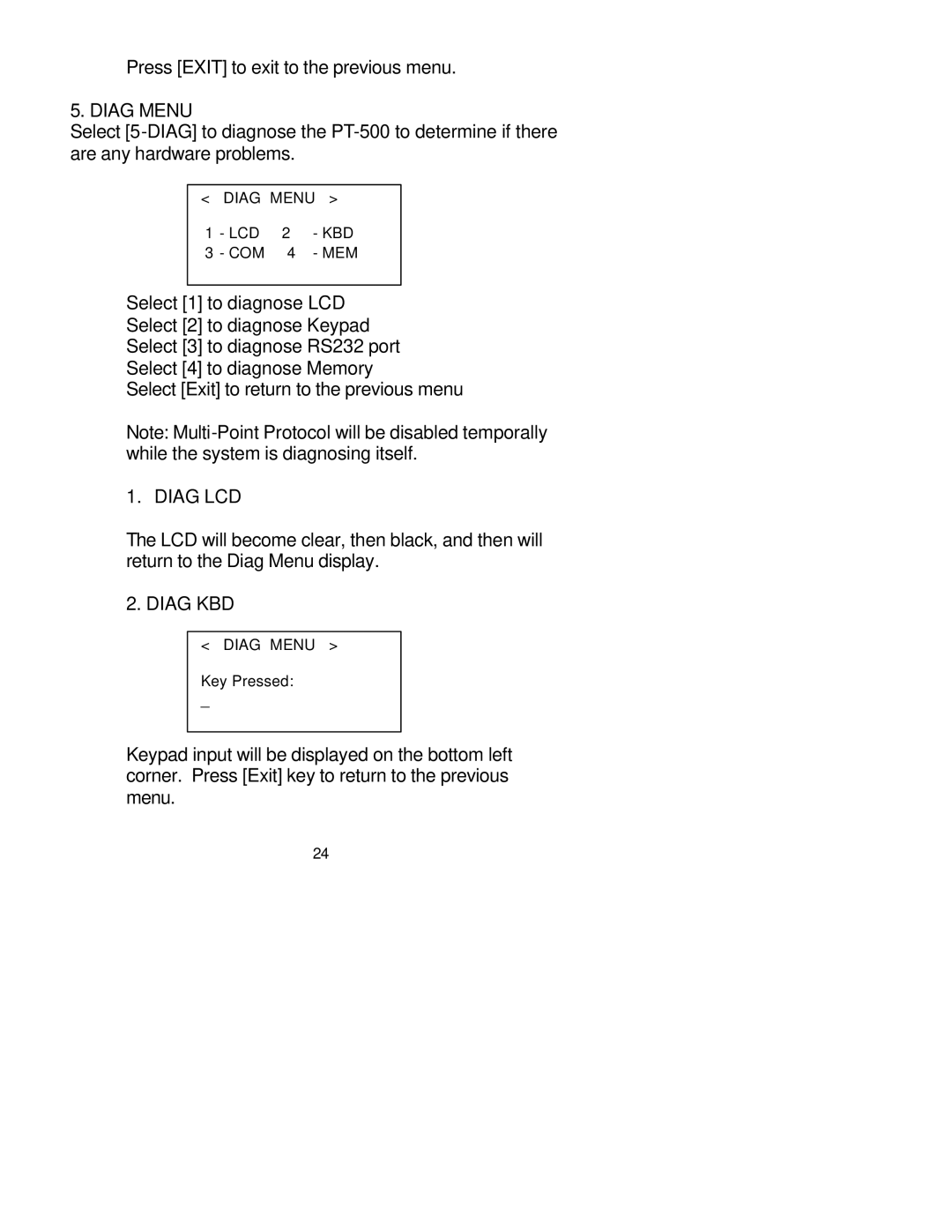 Unitech PT-500 manual Diag Menu, Diag LCD, Diag KBD 