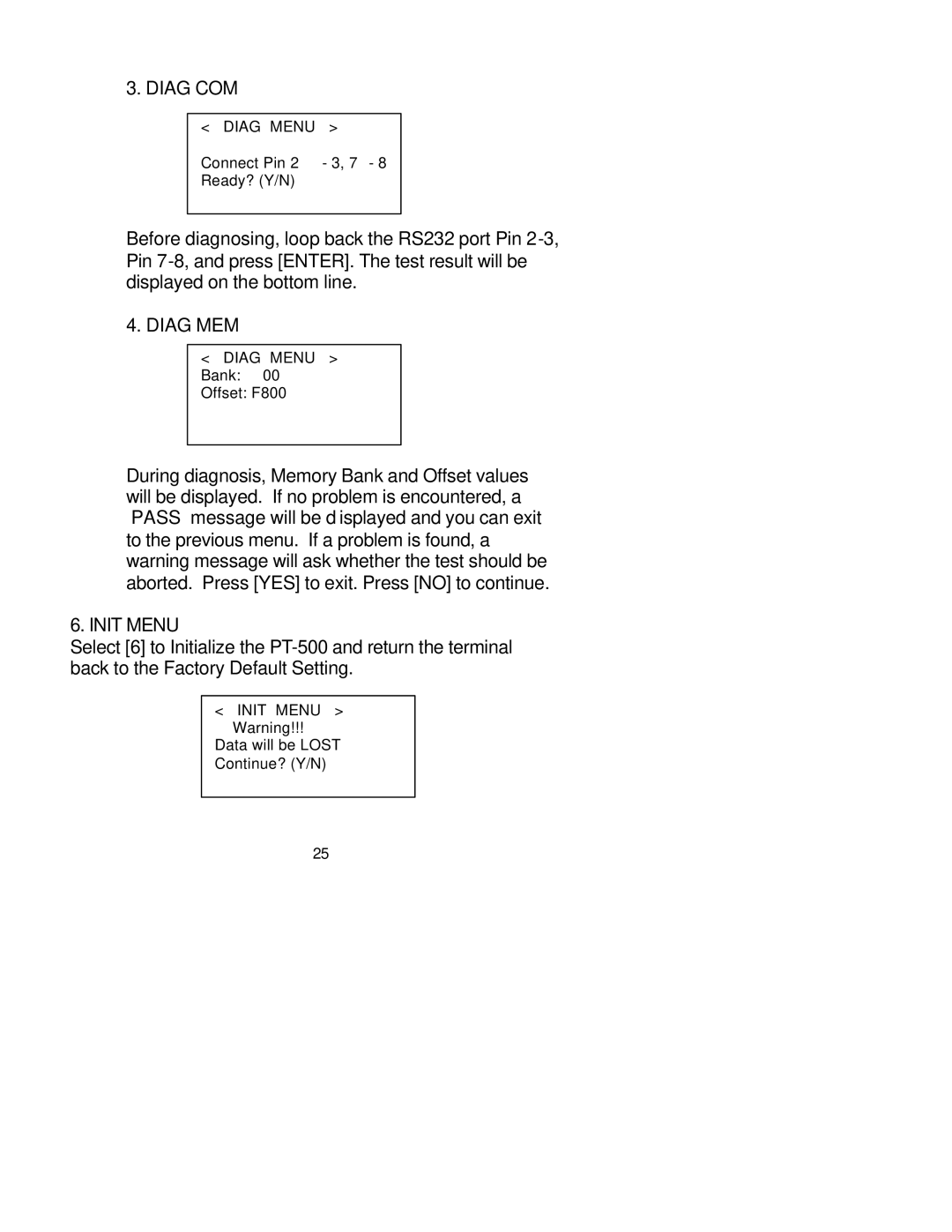 Unitech PT-500 manual Diag COM, Diag MEM, Init Menu 