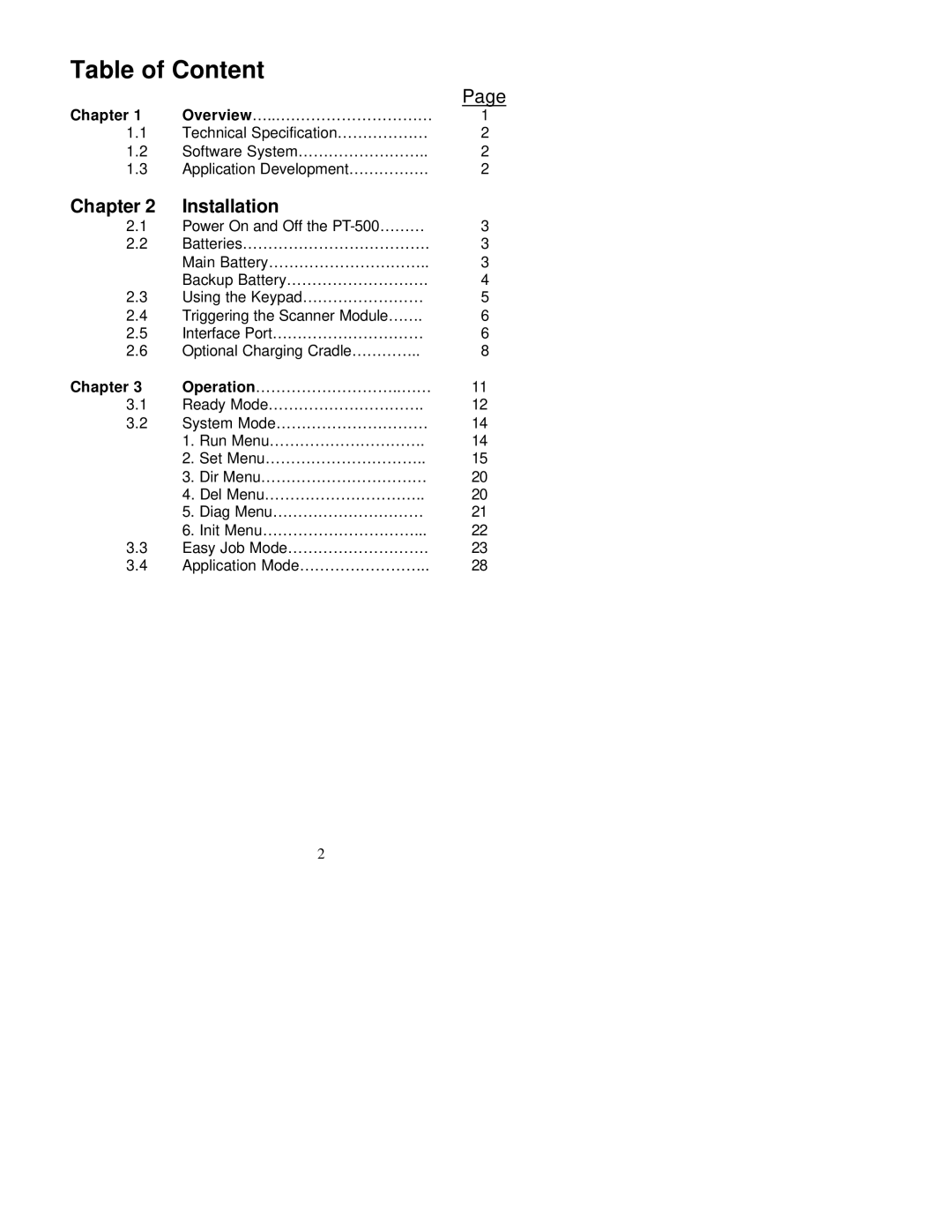 Unitech PT-500 manual Table of Content, Chapter Installation 