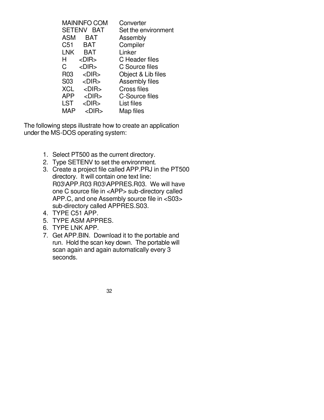 Unitech PT-500 manual Maininfo COM, Setenv BAT, Asm Bat, Lnk Bat, Xcl Dir, App Dir, Lst Dir, Map Dir 