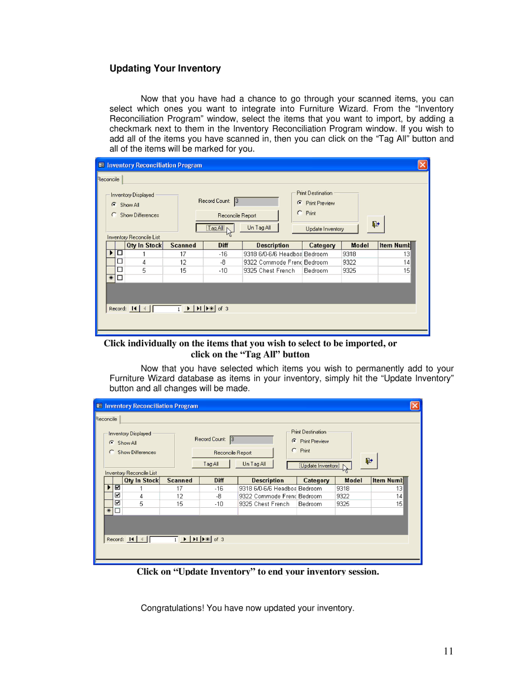 Unitech PT600/630 manual Updating Your Inventory, Click on Update Inventory to end your inventory session 