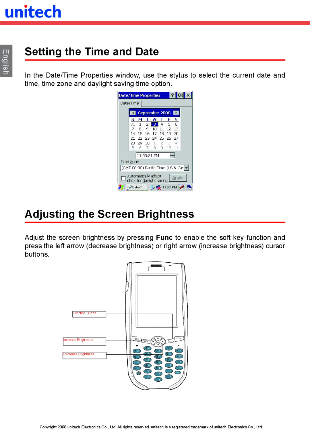 Unitech RH767 manual Setting the Time and Date, Adjusting the Screen Brightness 