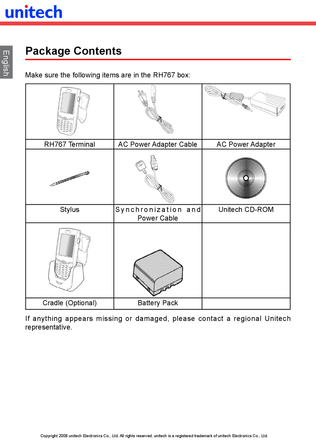 Unitech RH767 manual Package Contents 