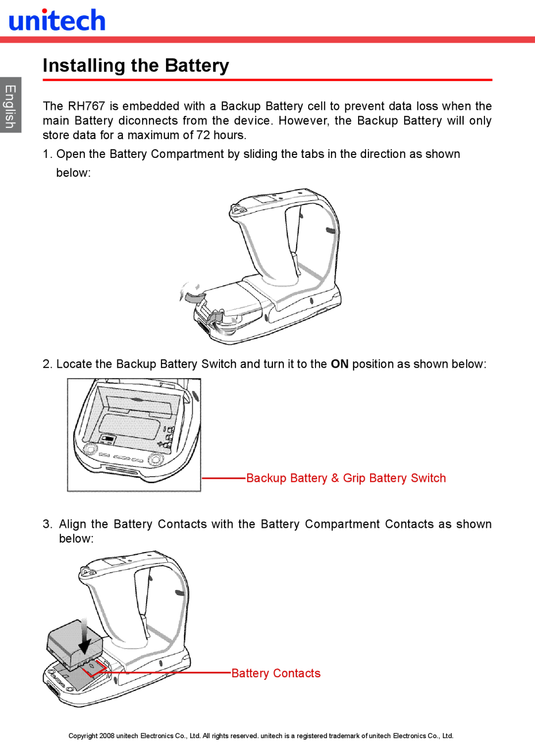 Unitech RH767 manual Installing the Battery, Battery Contacts 