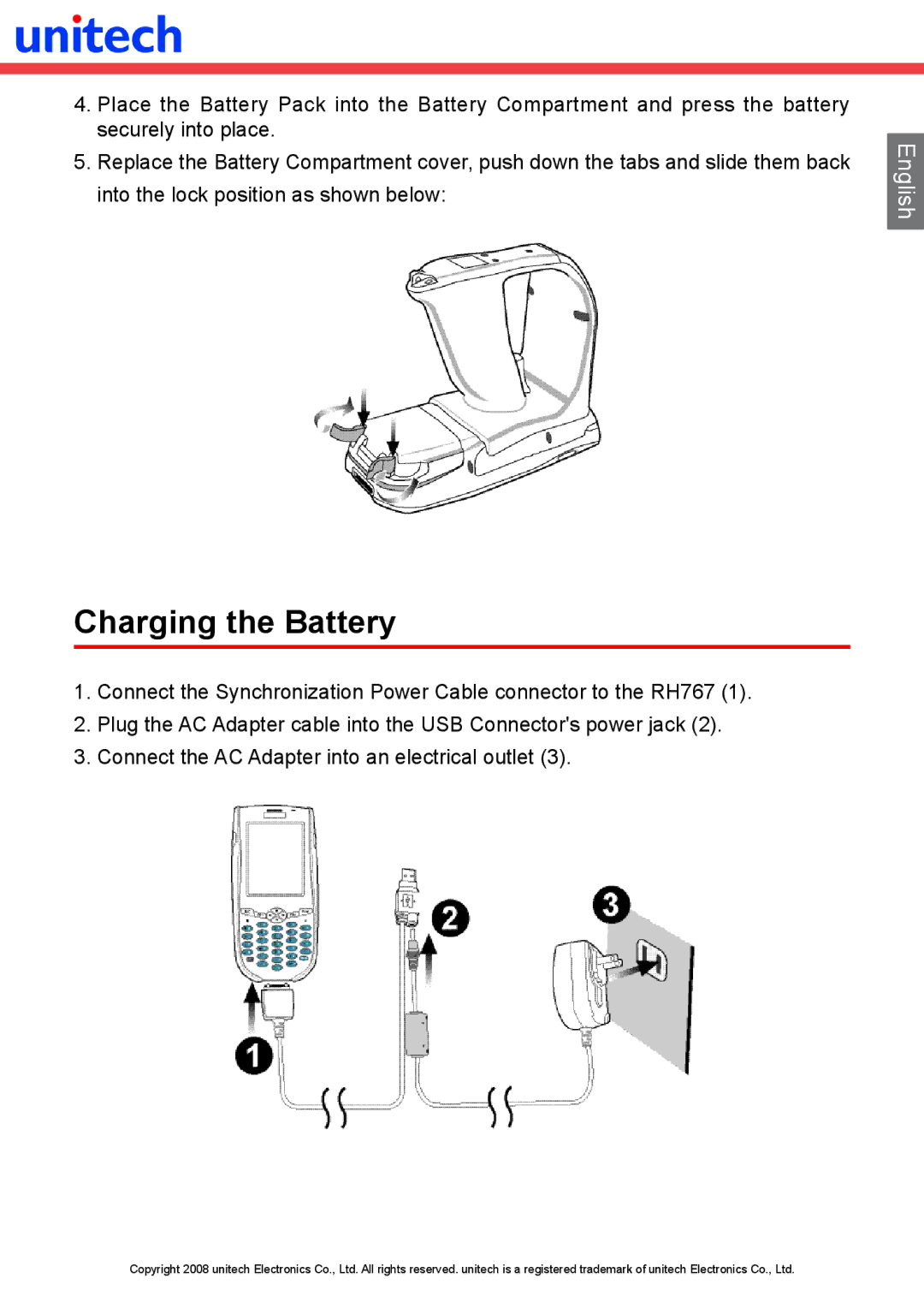 Unitech RH767 manual Charging the Battery 