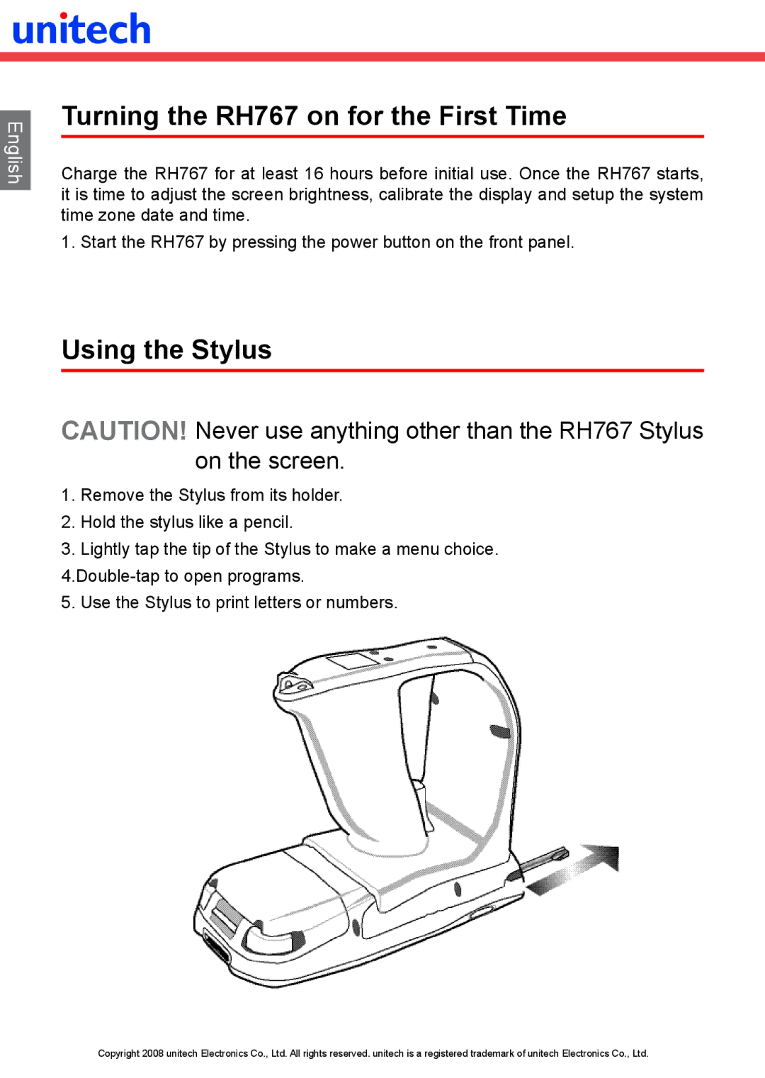 Unitech manual Turning the RH767 on for the First Time, Using the Stylus 