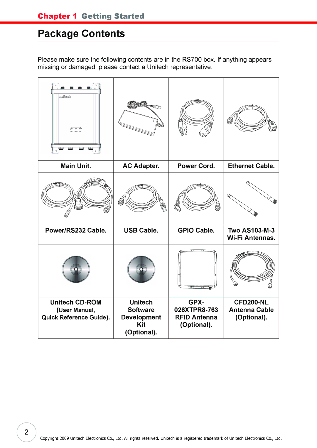 Unitech RS700 user manual Package Contents 