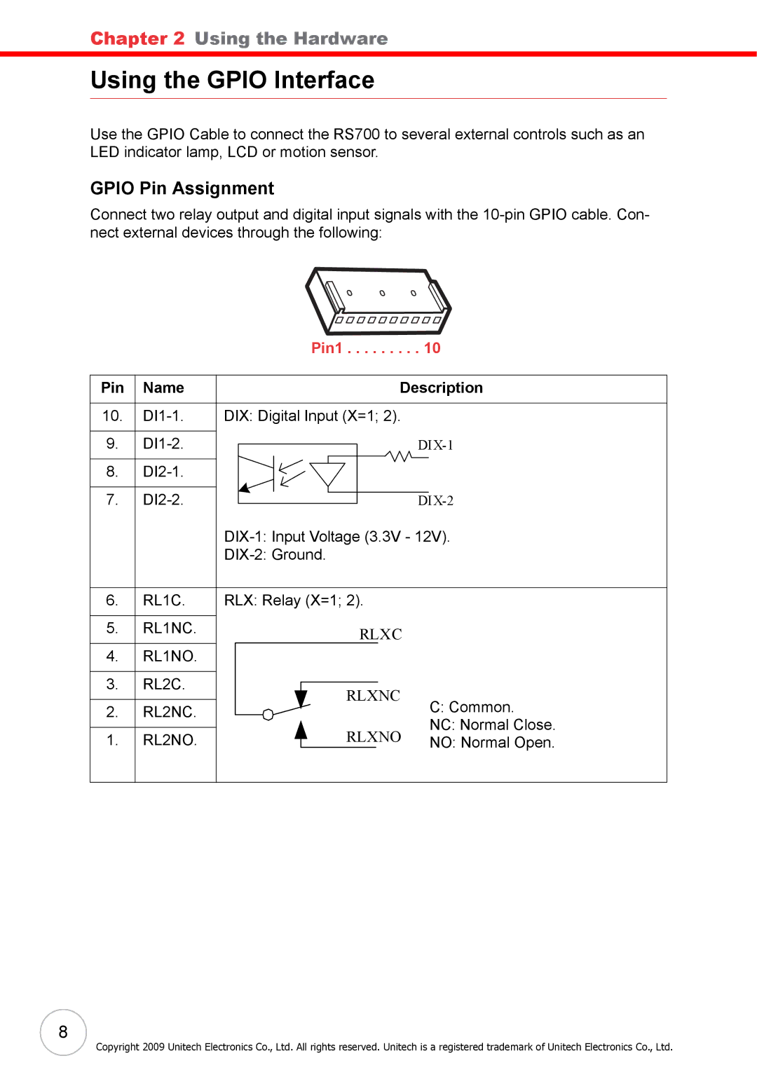 Unitech RS700 user manual Using the Gpio Interface, Gpio Pin Assignment, Pin Name Description 