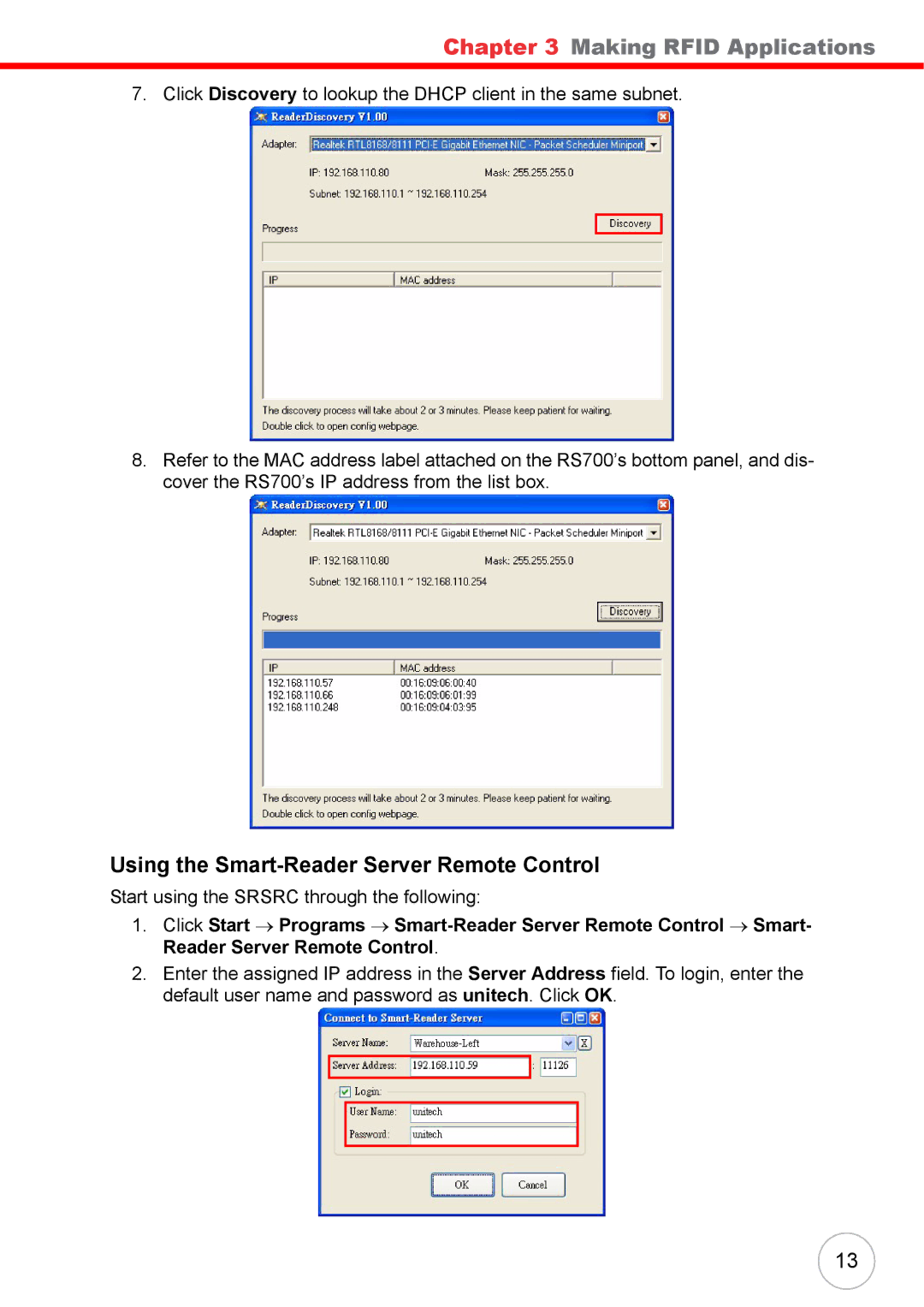 Unitech RS700 user manual Using the Smart-Reader Server Remote Control 