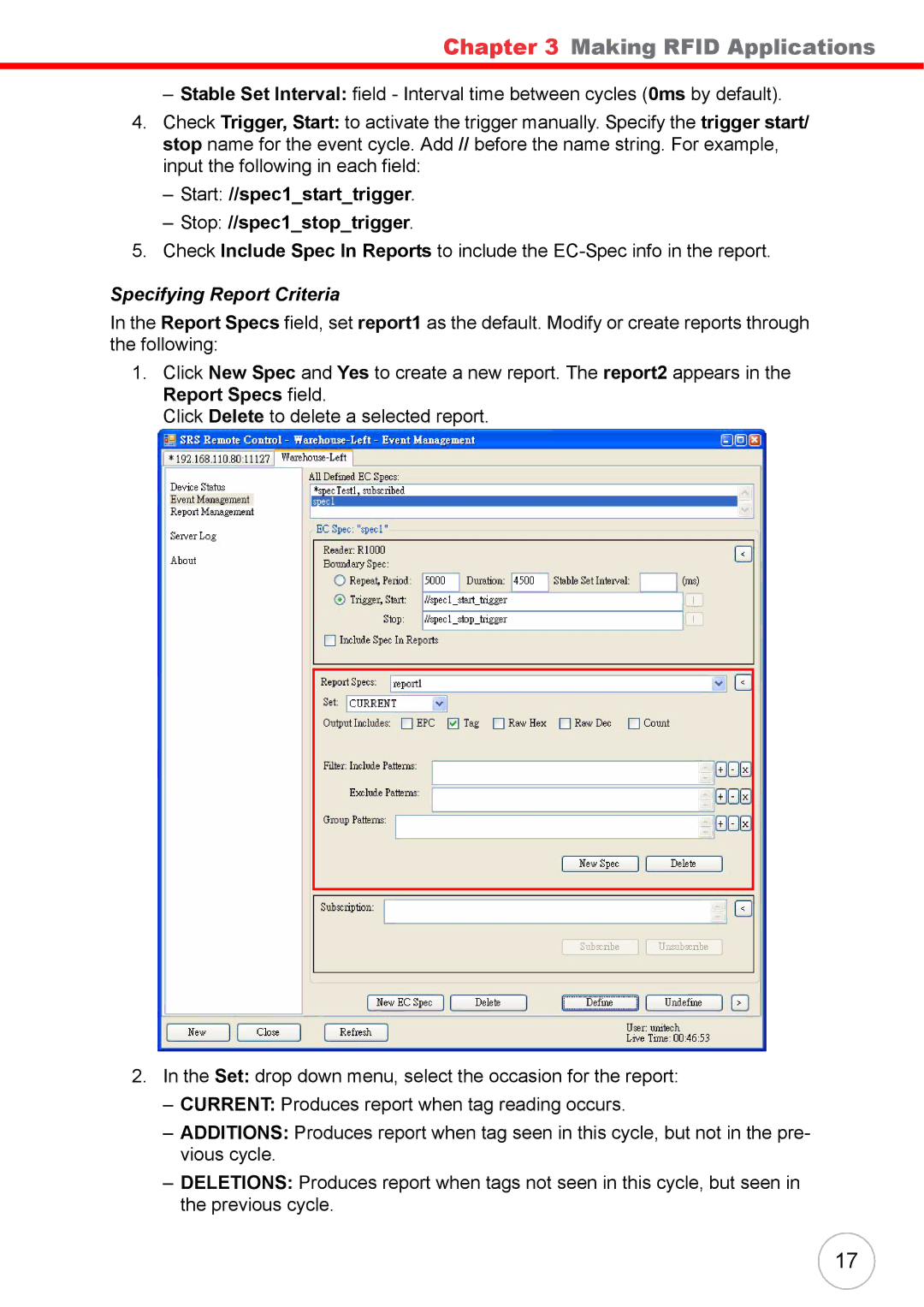 Unitech RS700 user manual Start //spec1starttrigger Stop //spec1stoptrigger, Specifying Report Criteria 