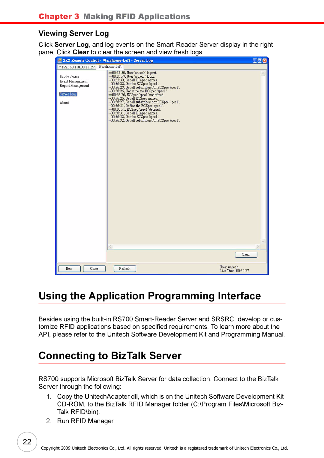 Unitech RS700 user manual Using the Application Programming Interface, Connecting to BizTalk Server, Viewing Server Log 