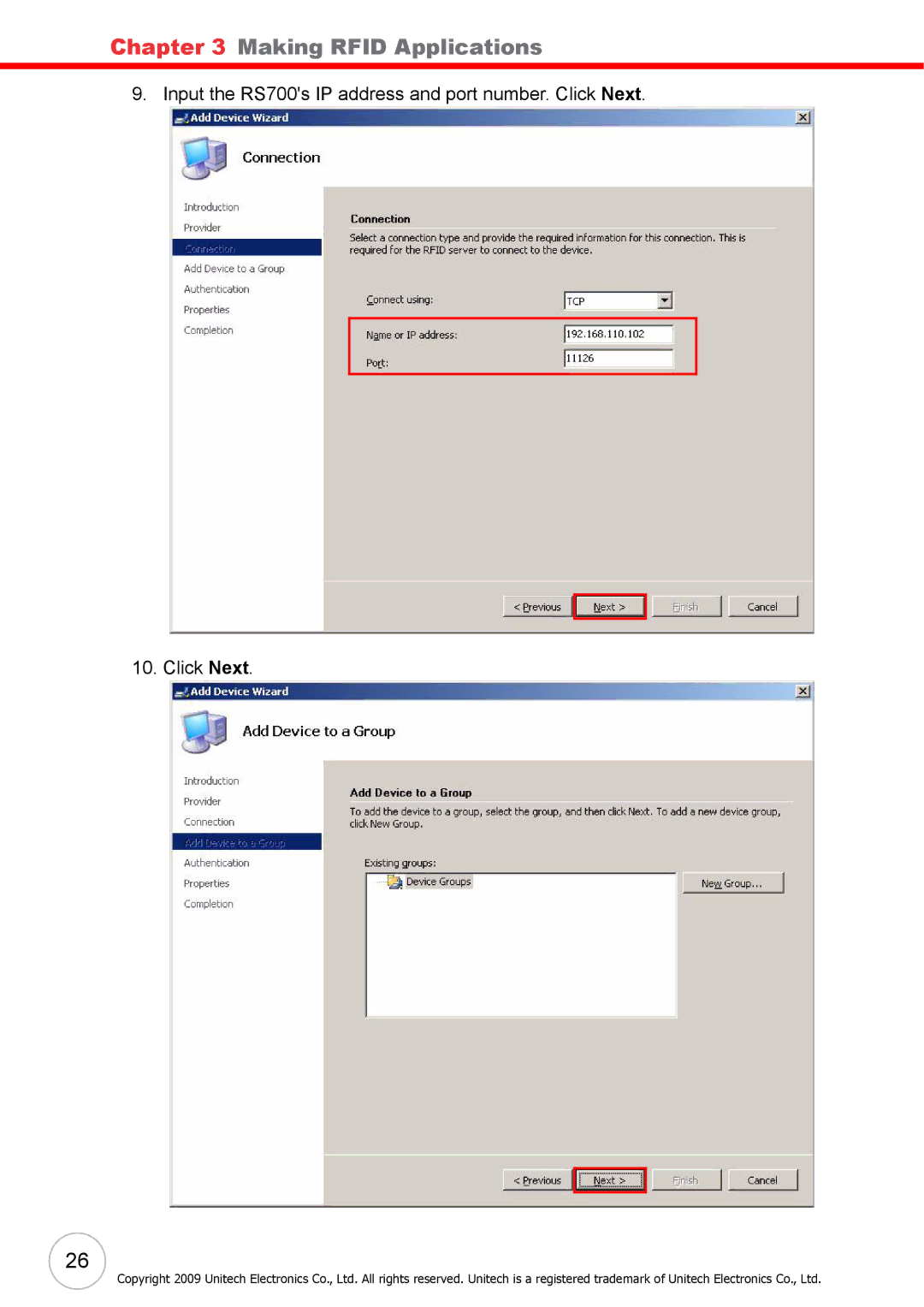 Unitech user manual Input the RS700s IP address and port number. Click Next 