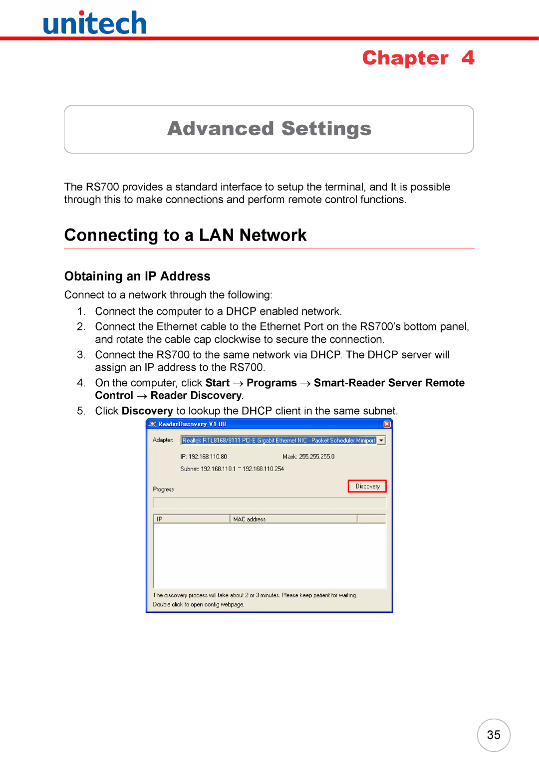 Unitech RS700 user manual Advanced Settings, Connecting to a LAN Network, Obtaining an IP Address 