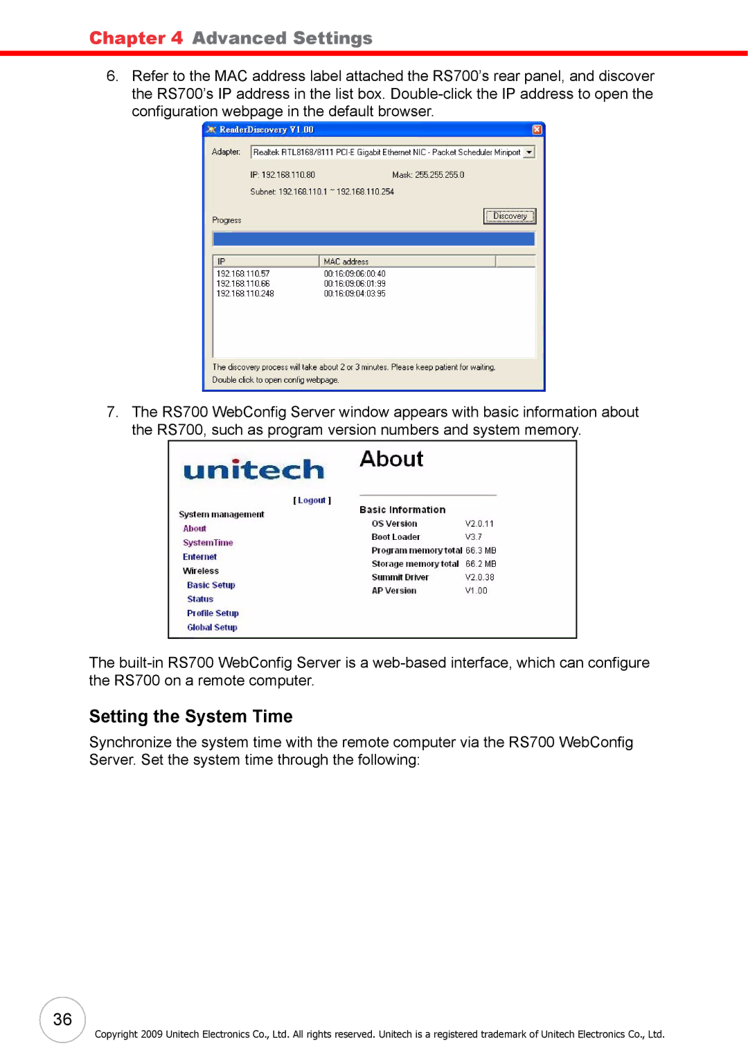 Unitech RS700 user manual Advanced Settings, Setting the System Time 