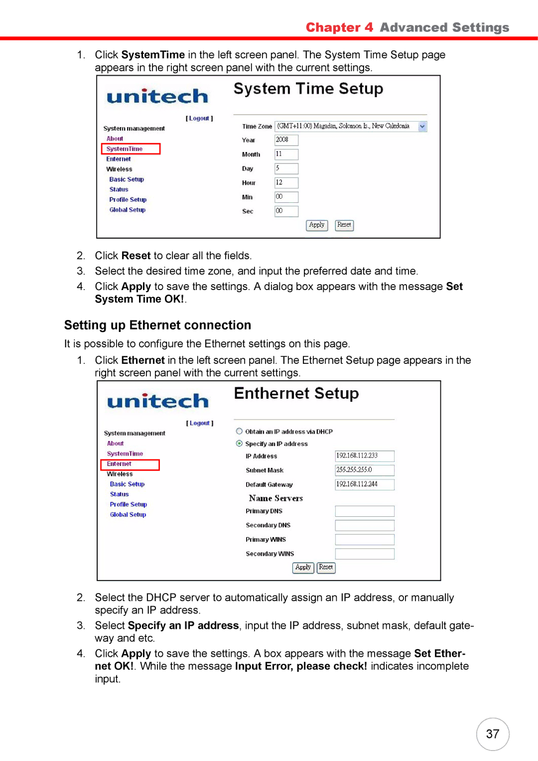 Unitech RS700 user manual Setting up Ethernet connection 