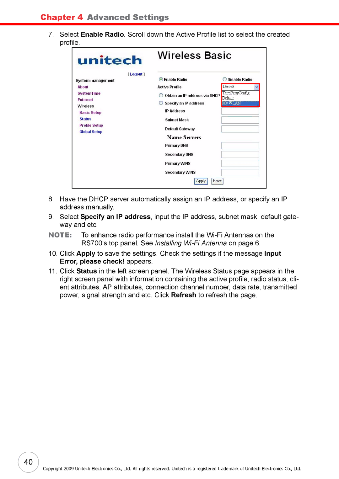 Unitech RS700 user manual Advanced Settings 