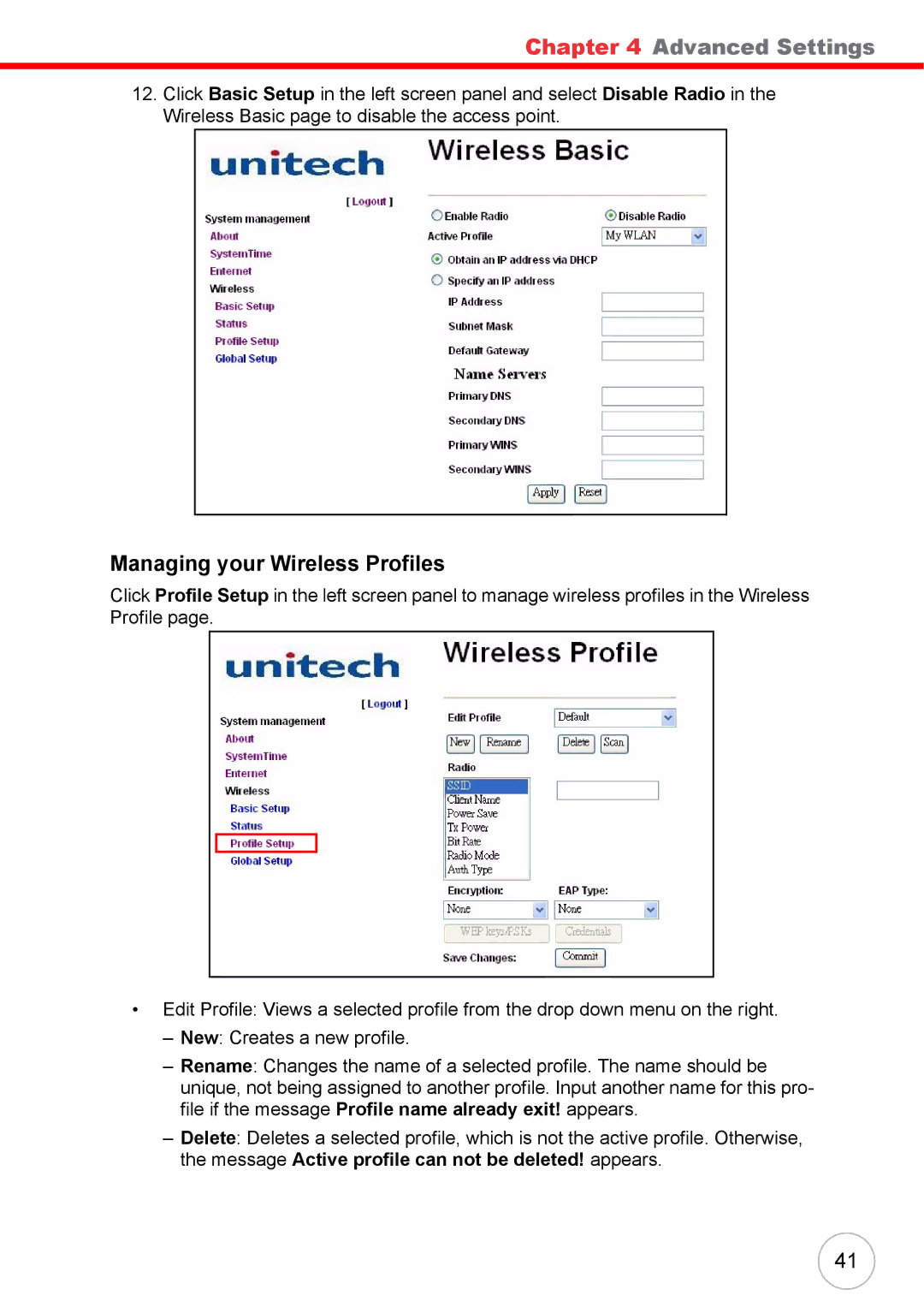 Unitech RS700 user manual Managing your Wireless Profiles 