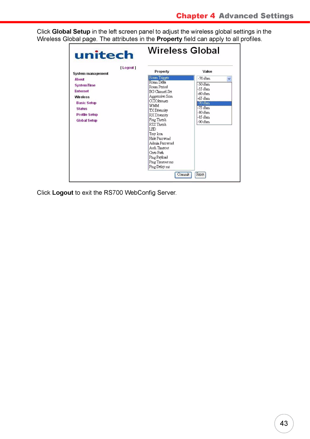 Unitech RS700 user manual Advanced Settings 