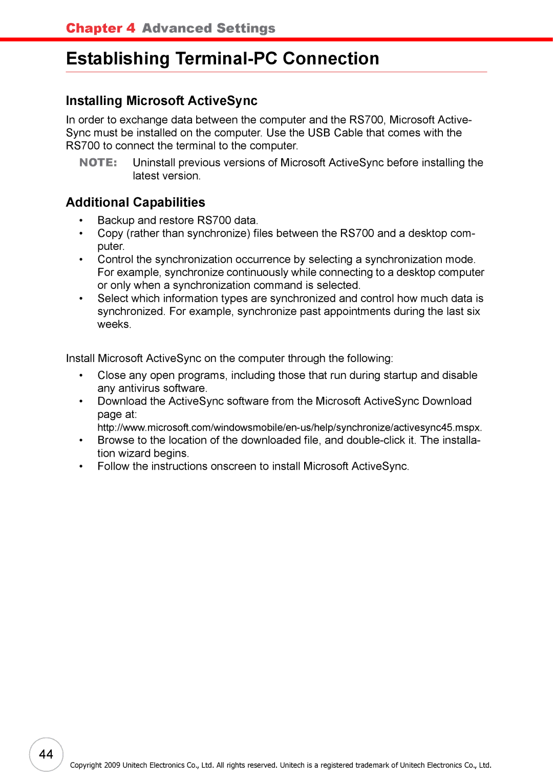 Unitech RS700 user manual Establishing Terminal-PC Connection, Installing Microsoft ActiveSync, Additional Capabilities 