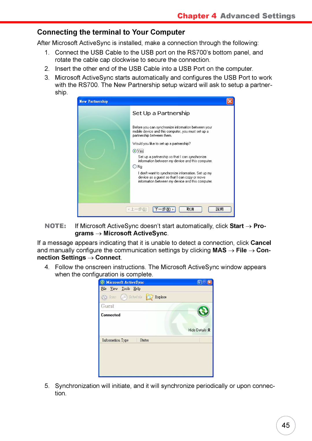 Unitech RS700 user manual Connecting the terminal to Your Computer 