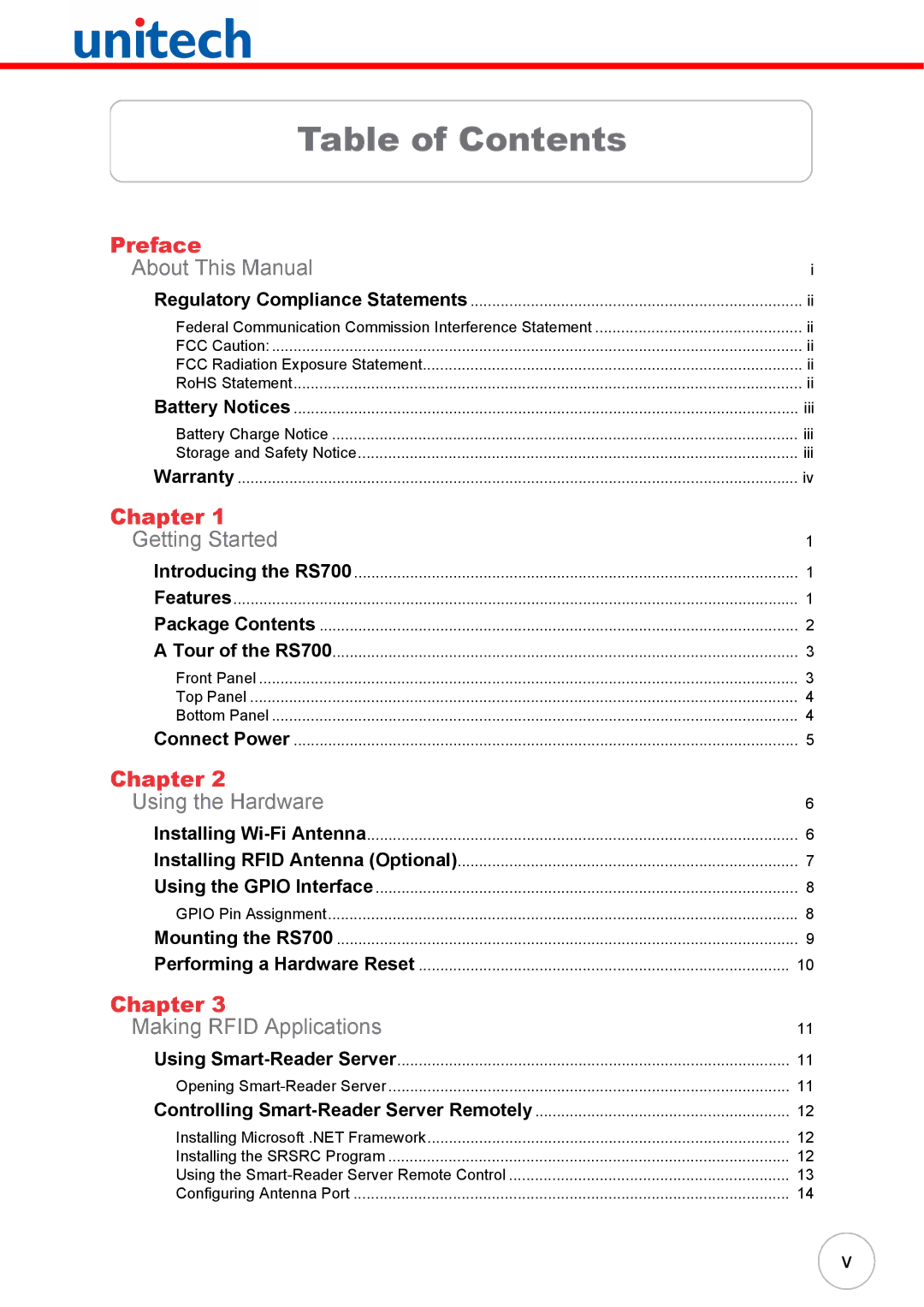 Unitech RS700 user manual Table of Contents 