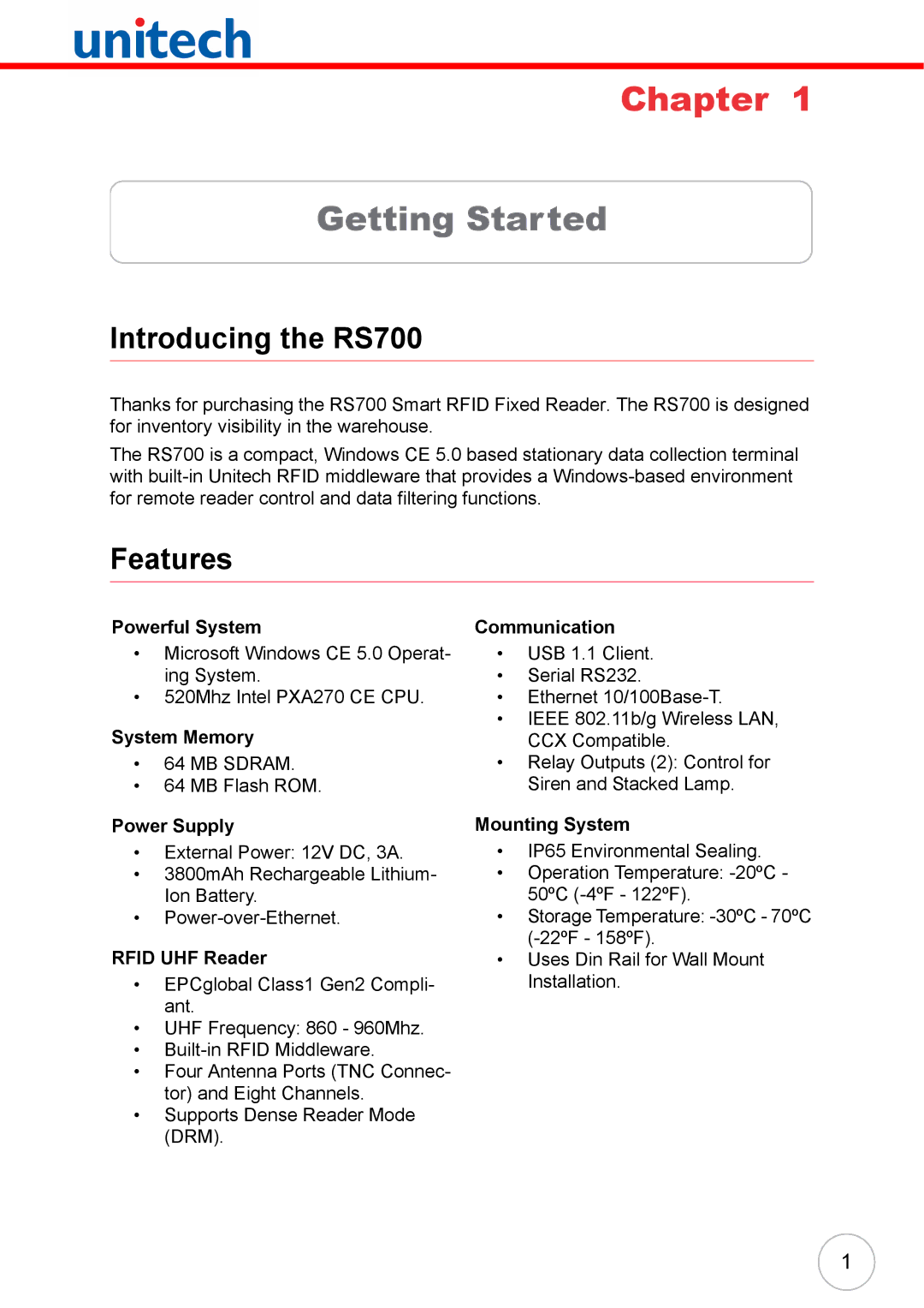 Unitech user manual Getting Started, Introducing the RS700, Features 