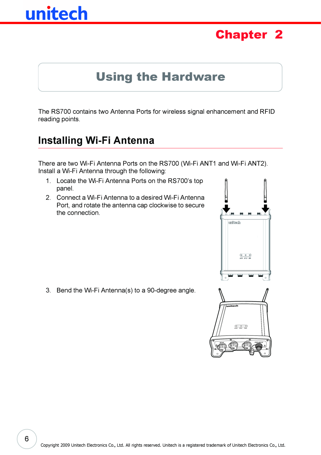 Unitech RS700 user manual Using the Hardware, Installing Wi-Fi Antenna, Chapter 