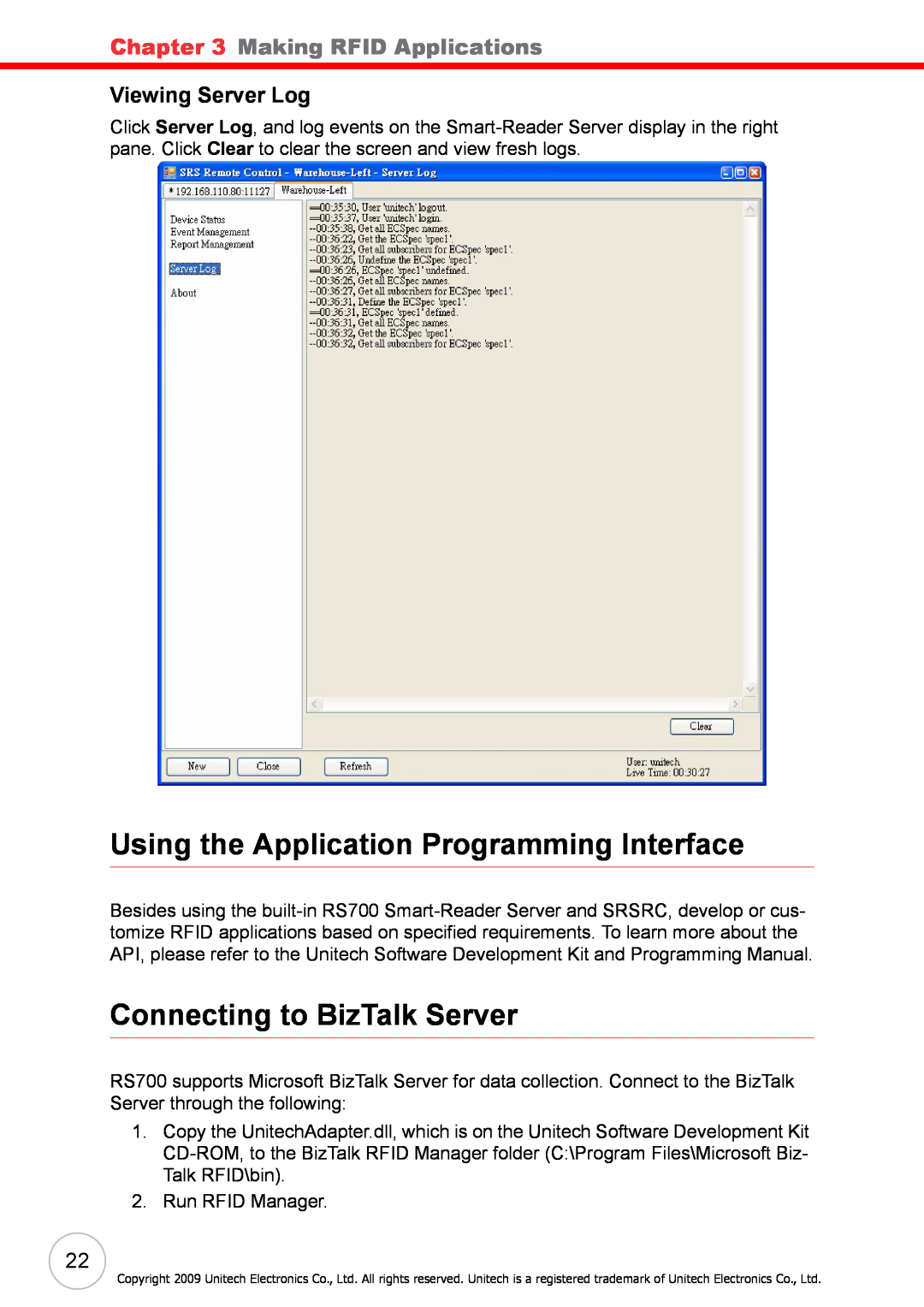 Unitech RS700 user manual Using the Application Programming Interface, Connecting to BizTalk Server, Viewing Server Log 