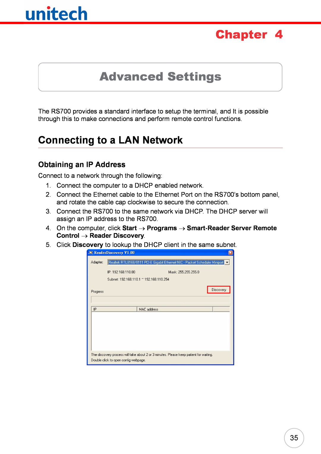 Unitech RS700 user manual Advanced Settings, Connecting to a LAN Network, Obtaining an IP Address, Chapter 