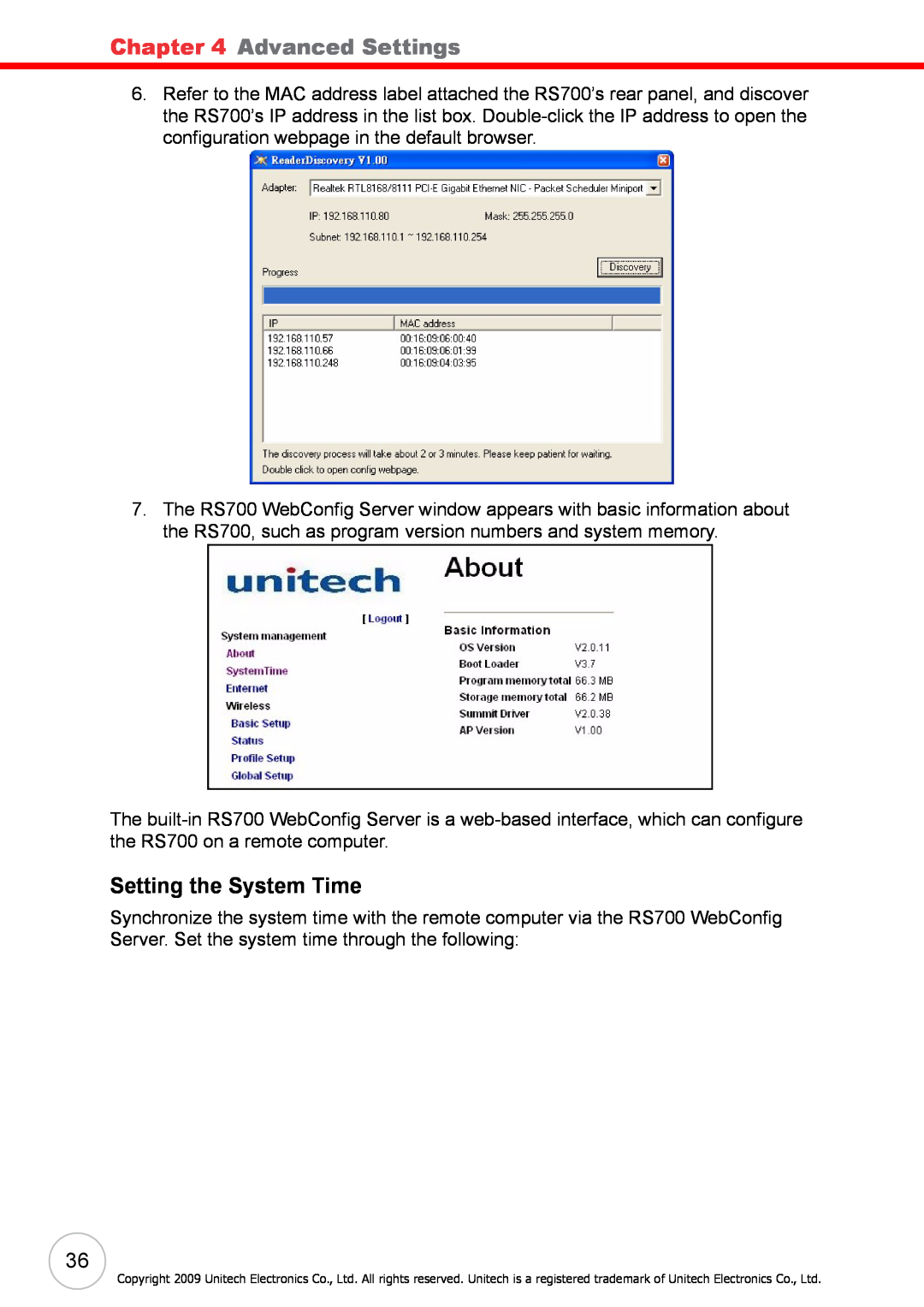Unitech RS700 user manual Advanced Settings, Setting the System Time 