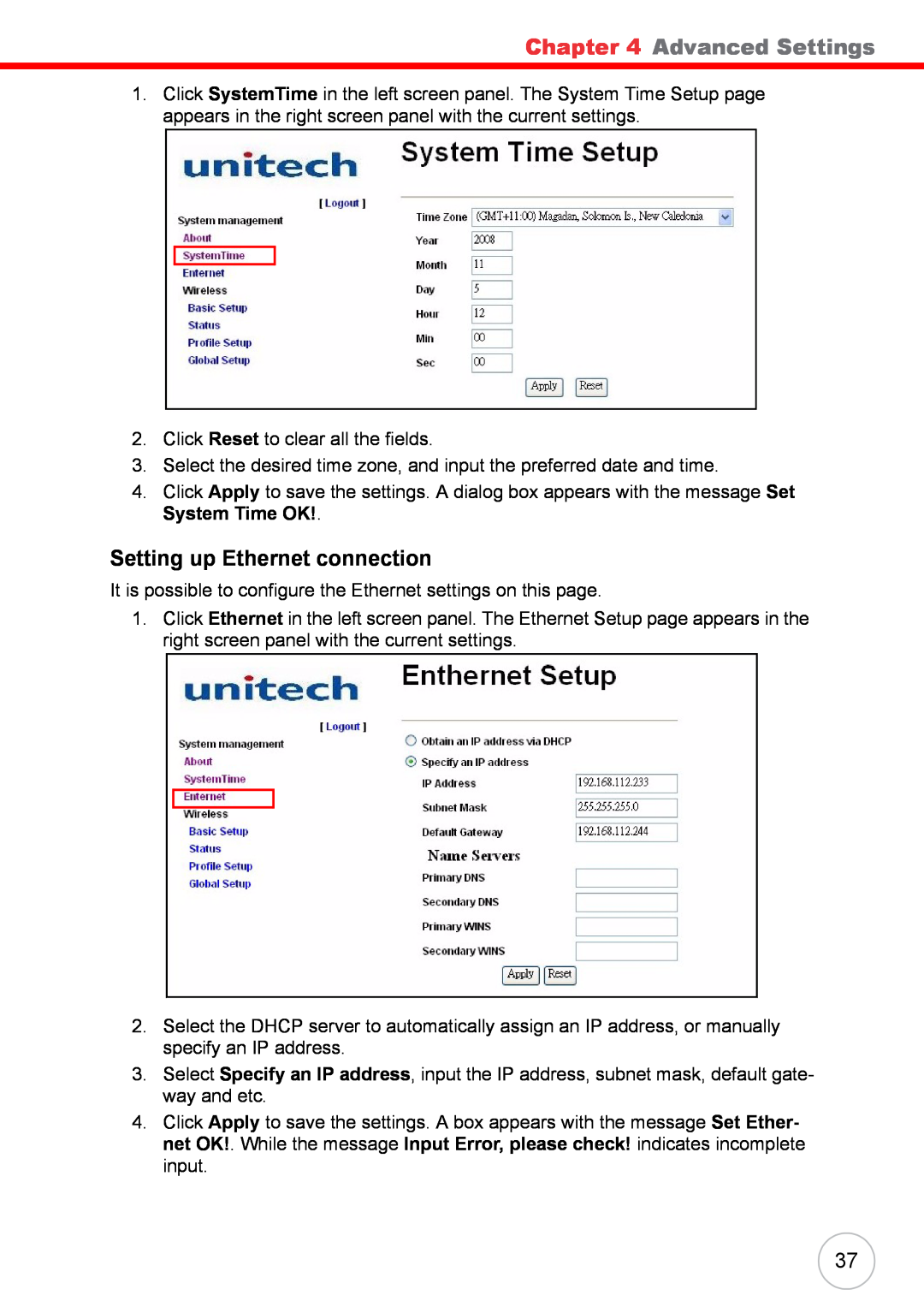 Unitech RS700 user manual Setting up Ethernet connection, Advanced Settings 