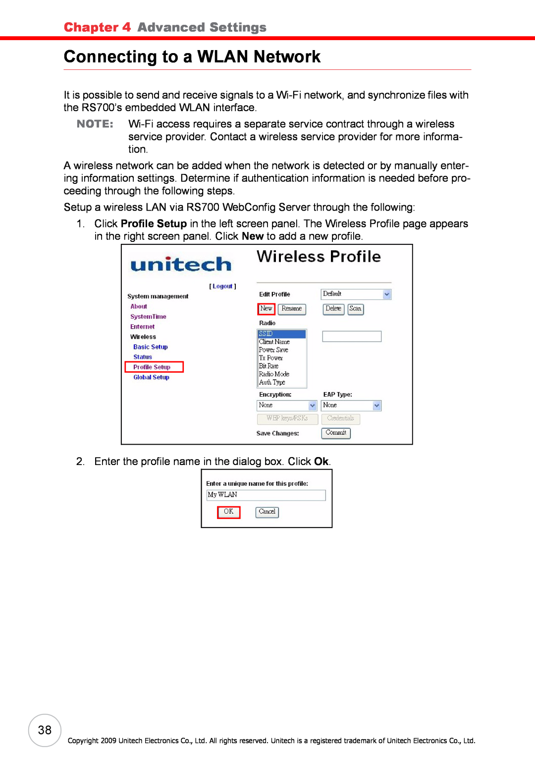 Unitech RS700 user manual Connecting to a WLAN Network, Advanced Settings 