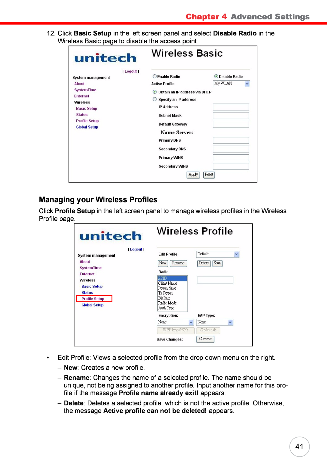 Unitech RS700 user manual Managing your Wireless Profiles, Advanced Settings 