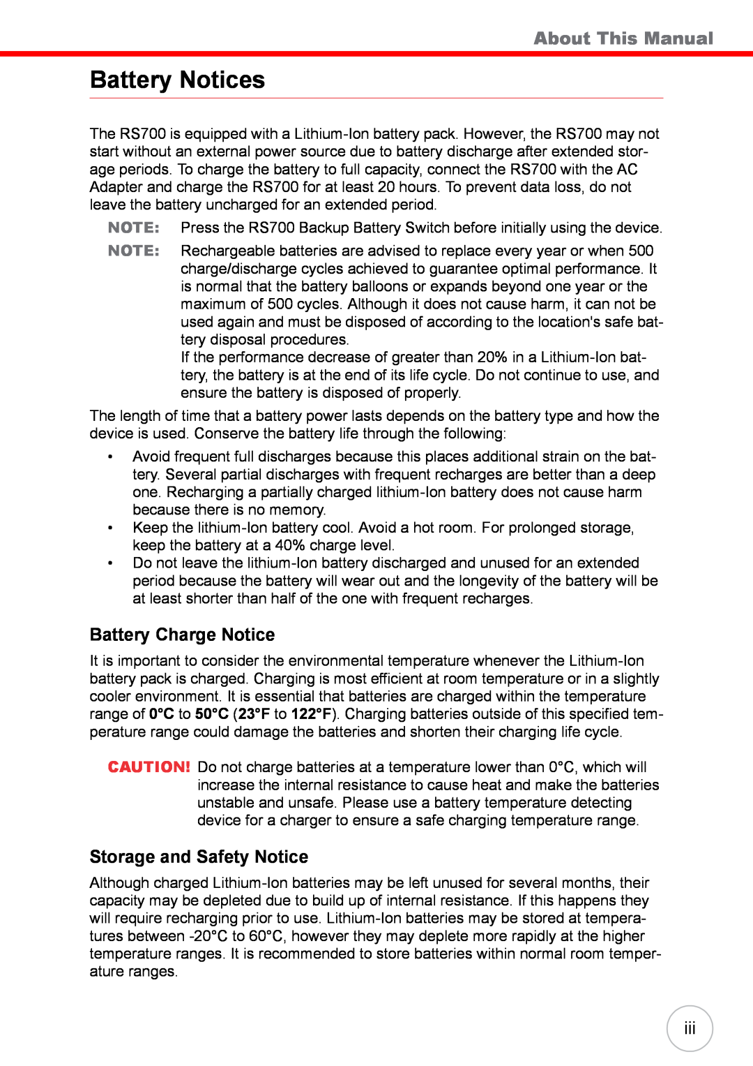 Unitech RS700 user manual Battery Notices, About This Manual, Battery Charge Notice, Storage and Safety Notice 