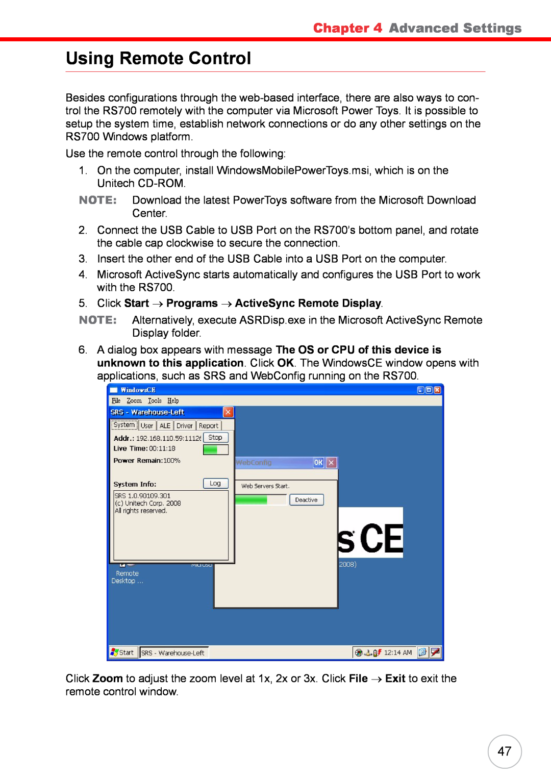 Unitech RS700 user manual Using Remote Control, Click Start → Programs → ActiveSync Remote Display, Advanced Settings 