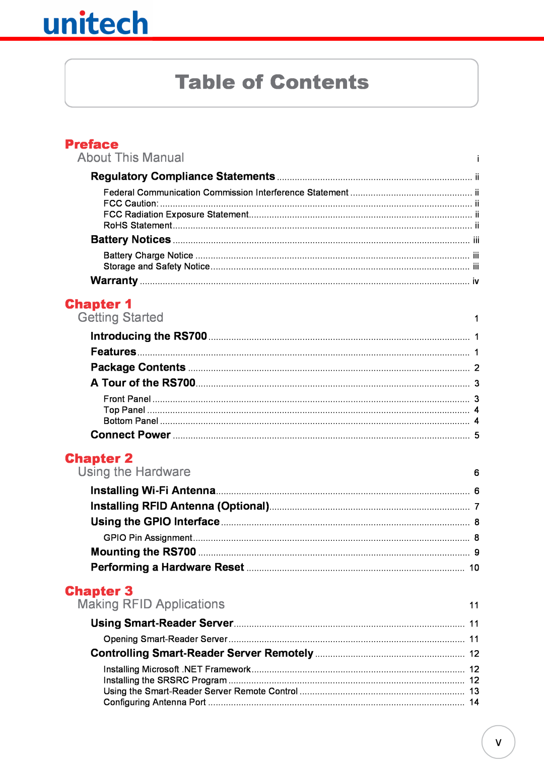 Unitech RS700 user manual Table of Contents, Preface, About This Manual, Chapter, Getting Started, Using the Hardware 