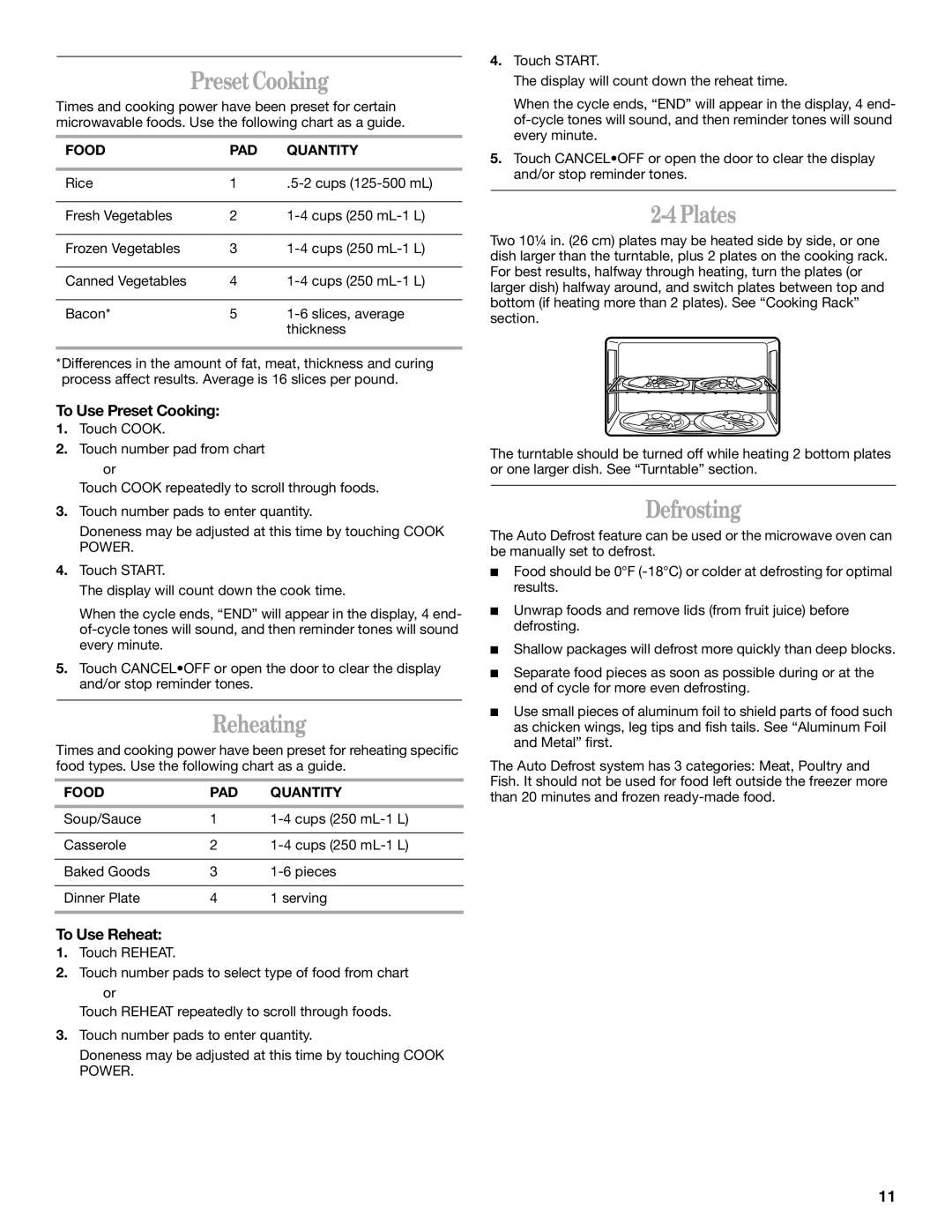 United Appliances YMH1150XM manual Preset Cooking, Reheating, Plates, Defrosting 