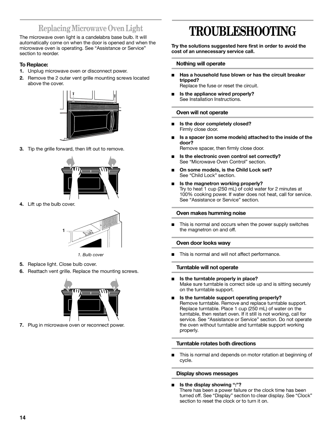 United Appliances YMH1150XM manual Troubleshooting, Replacing Microwave Oven Light 