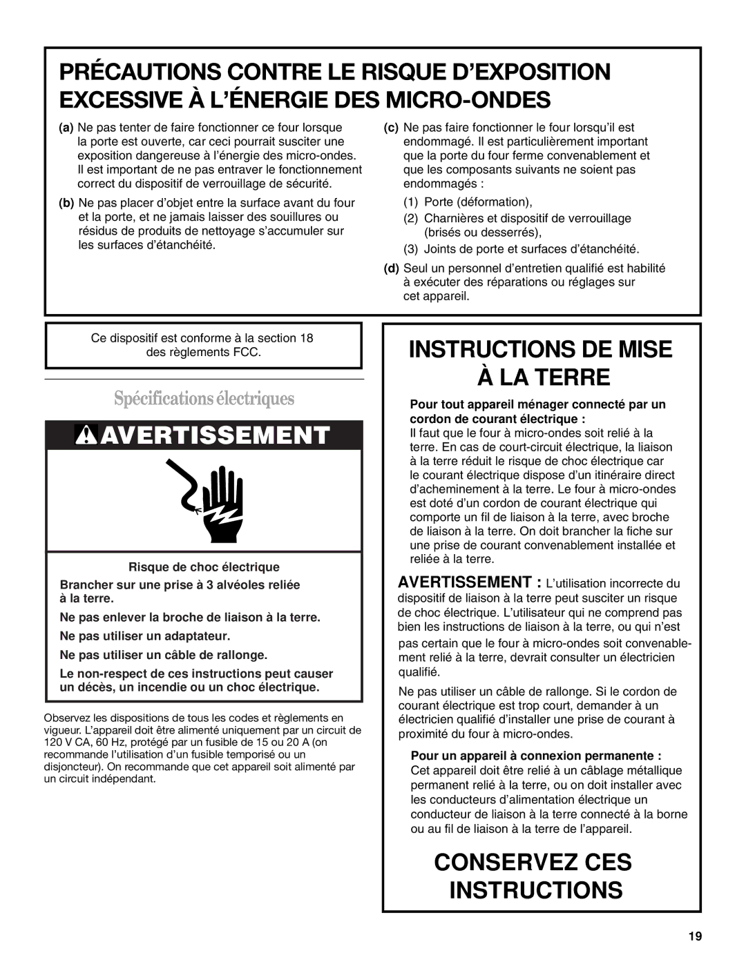 United Appliances YMH1150XM manual Avertissement, Spécifications électriques 