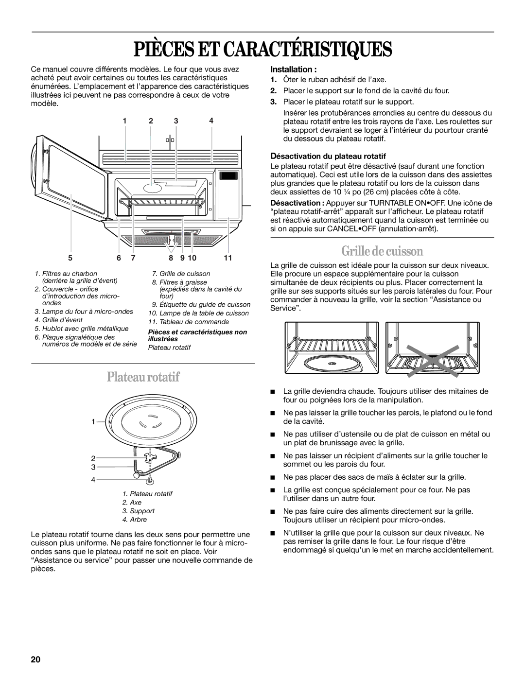 United Appliances YMH1150XM manual Pièces ET Caractéristiques, Grille de cuisson, Plateau rotatif, Installation 