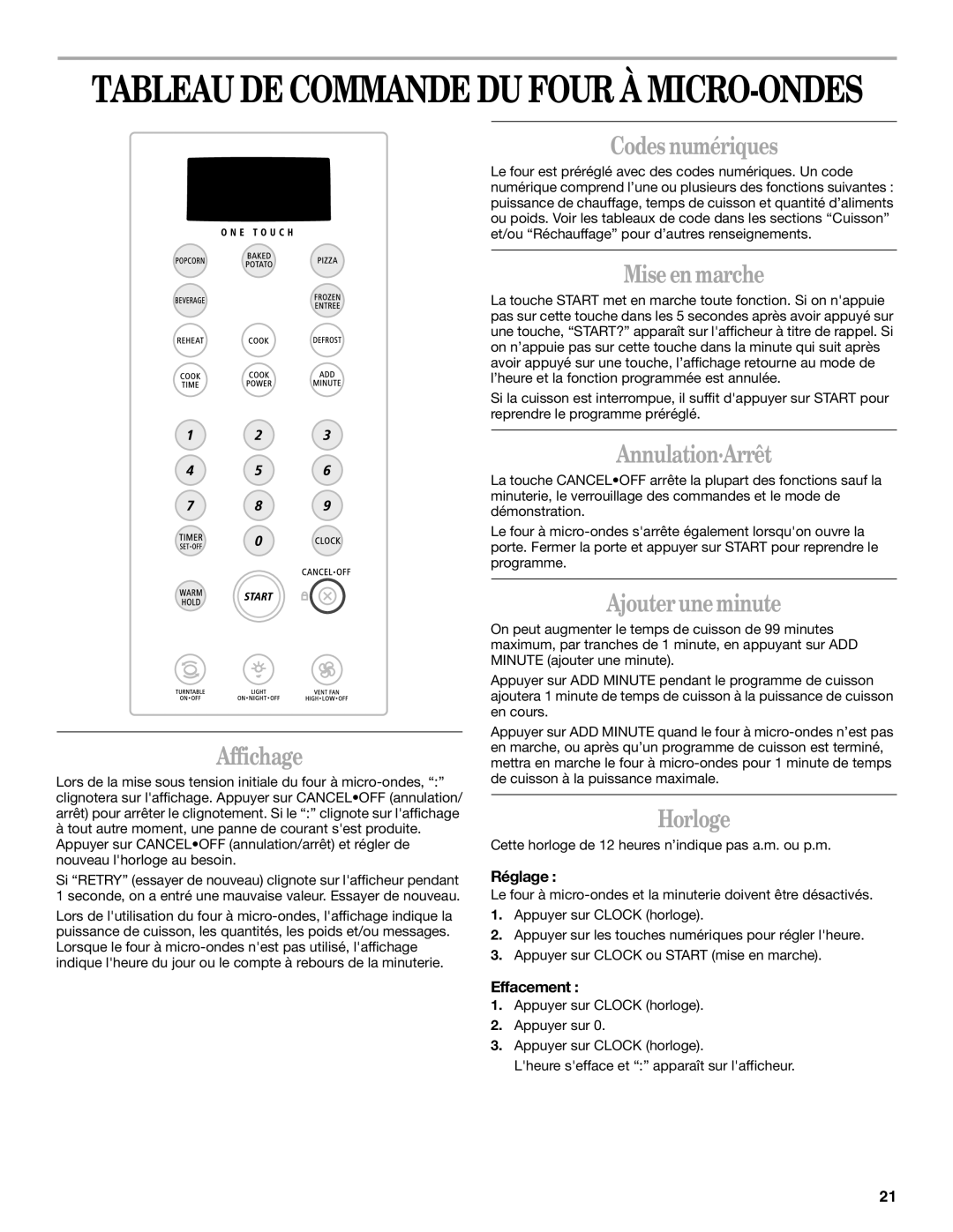 United Appliances YMH1150XM Affichage, Codes numériques, Mise en marche, Annulation·Arrêt, Ajouter une minute, Horloge 