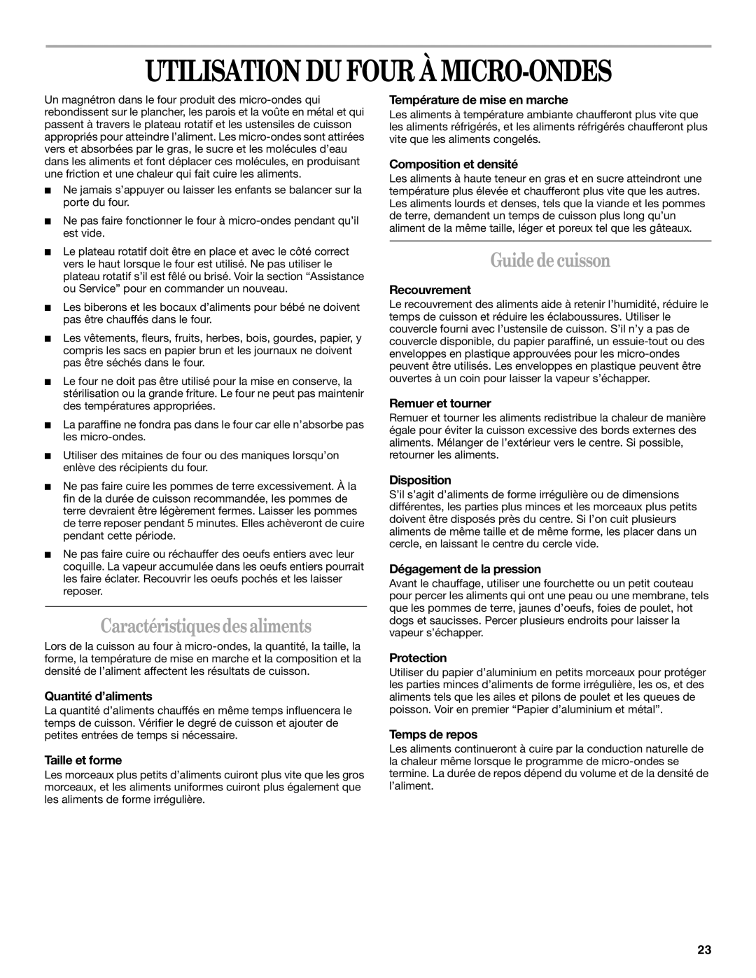 United Appliances YMH1150XM manual Utilisation DU Four À MICRO-ONDES, Caractéristiques des aliments, Guide de cuisson 